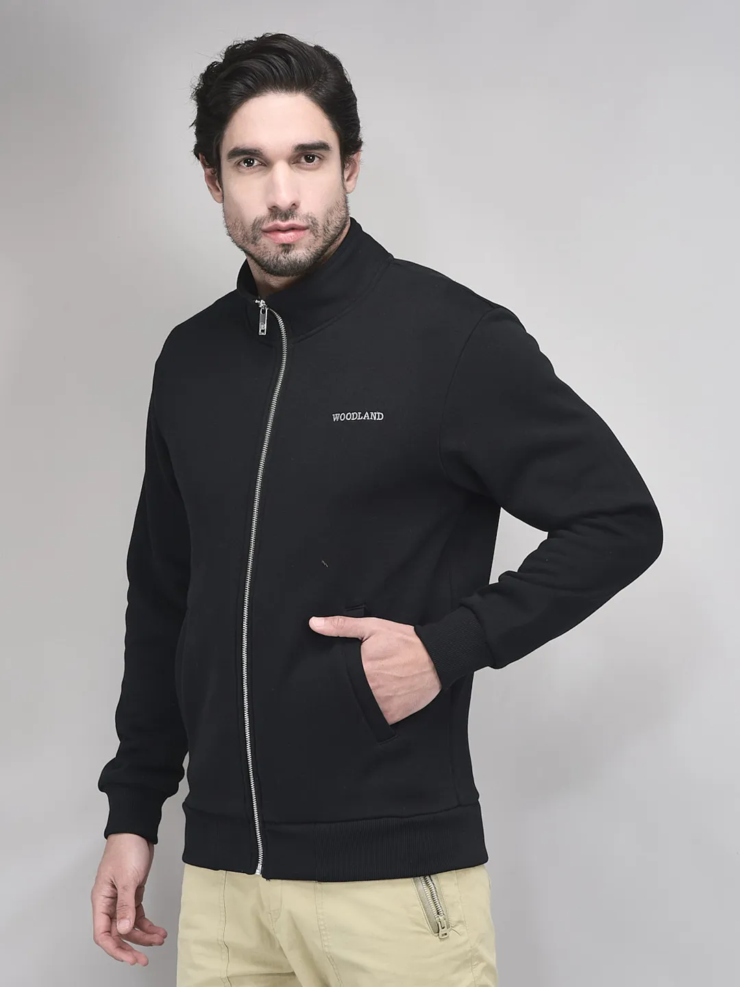 Woodland Black Zipper Sweatshirt For Men - Thumbnail 3