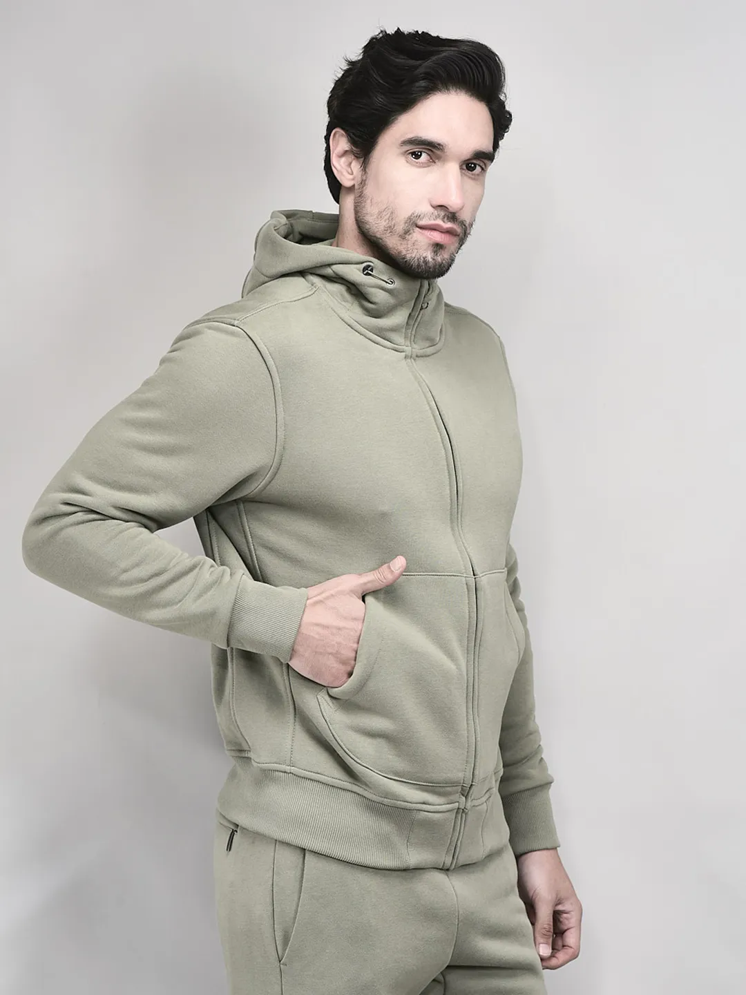 High Neck Men Green Zipper Sweatshirt - Thumbnail 2