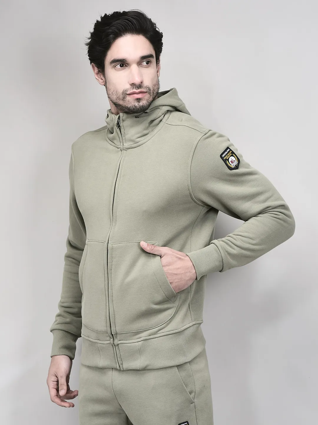 High Neck Men Green Zipper Sweatshirt - Thumbnail 3