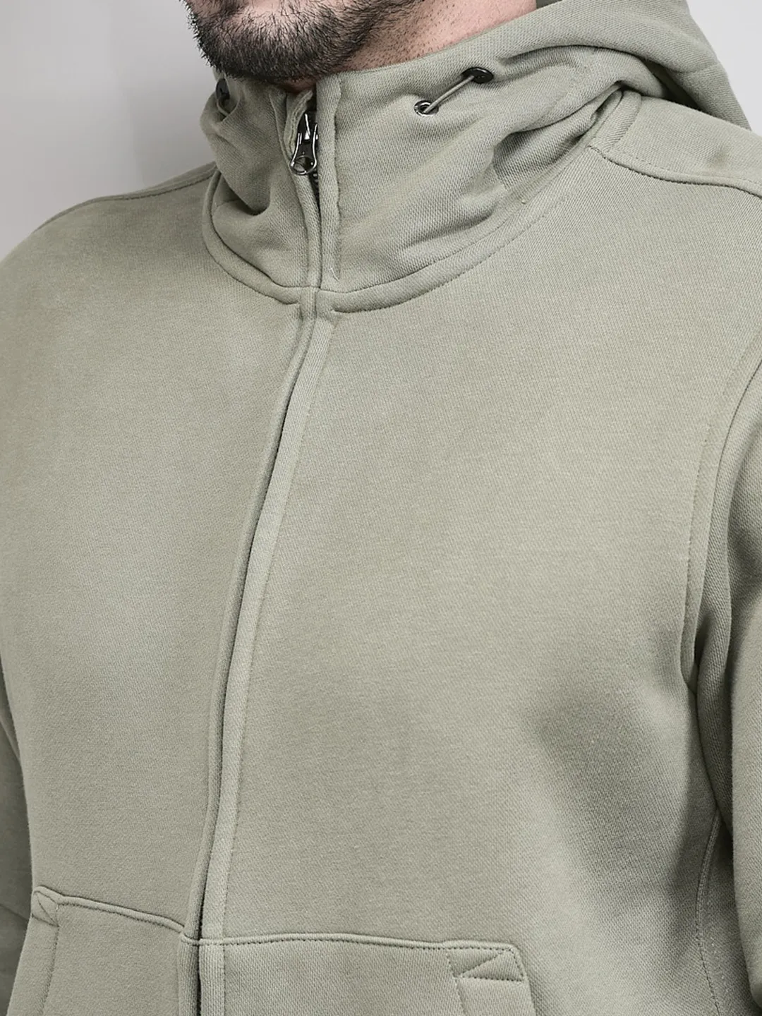 High Neck Men Green Zipper Sweatshirt - Thumbnail 4