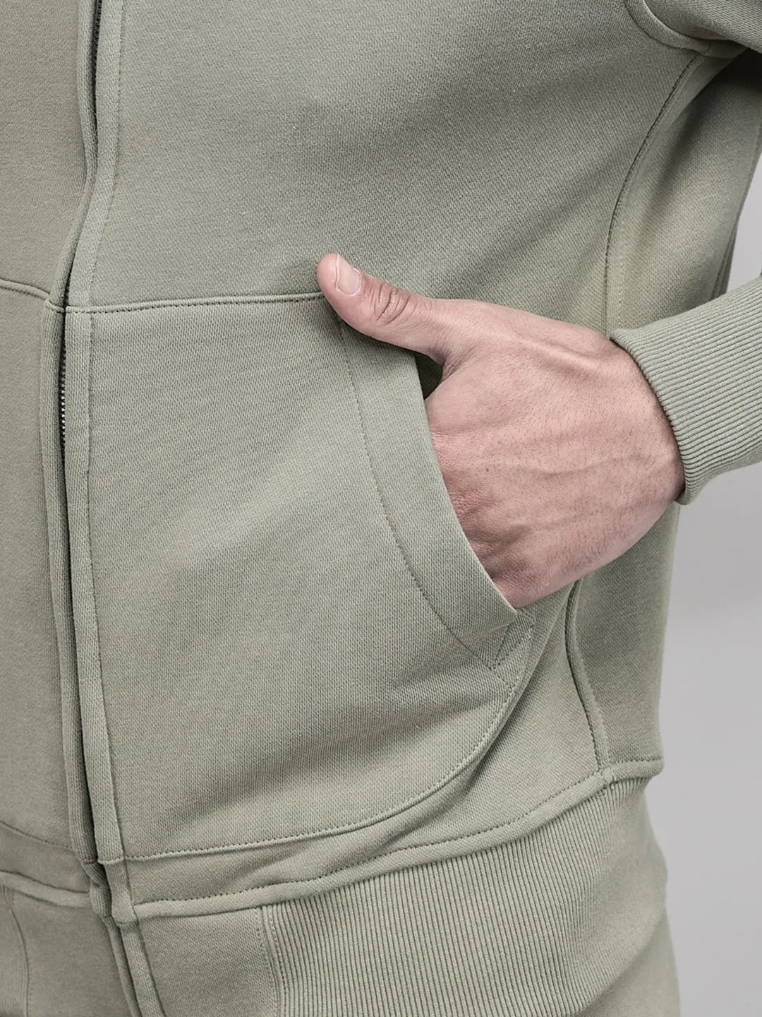 High Neck Men Green Zipper Sweatshirt - Thumbnail 7
