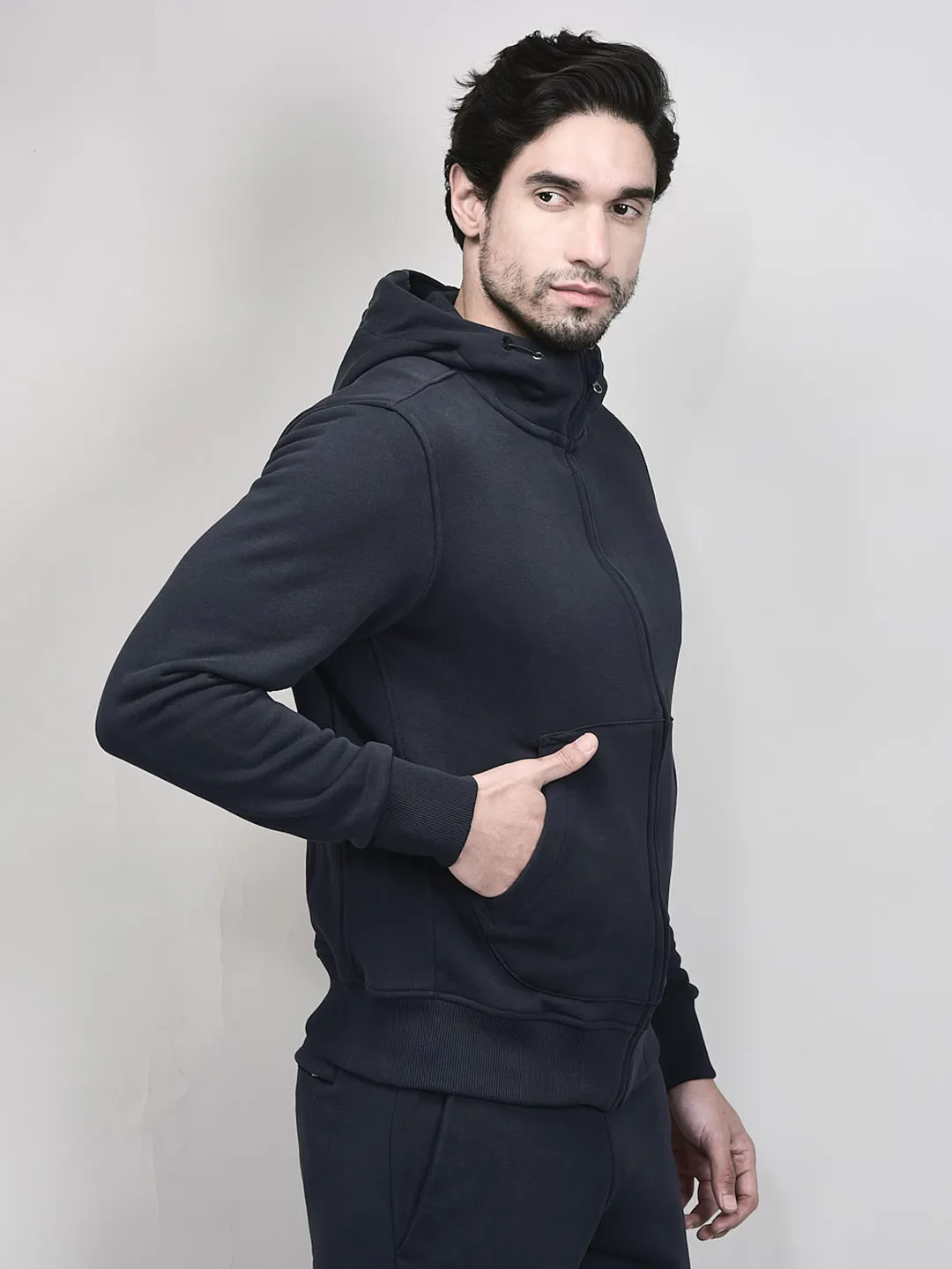 High Neck Men Navy Zipper Sweatshirt - Thumbnail 3