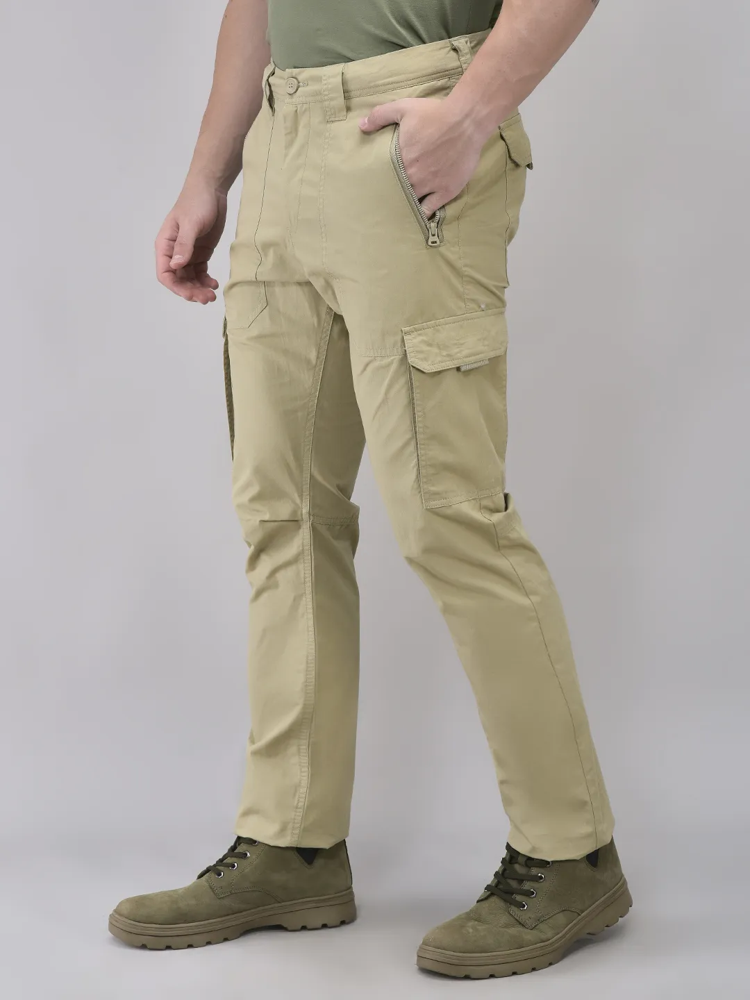 Beige Cargo Men Trousers With Zipper Pockets - Thumbnail 2