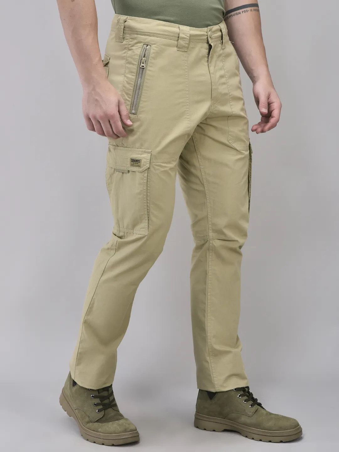 Beige Cargo Men Trousers With Zipper Pockets - Thumbnail 3