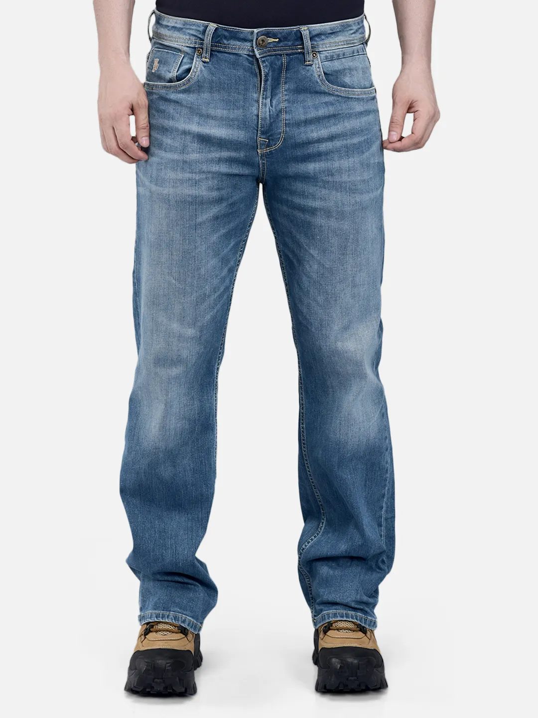 Woodland Men Blue Cotton Elastane Washed Denim Trouser