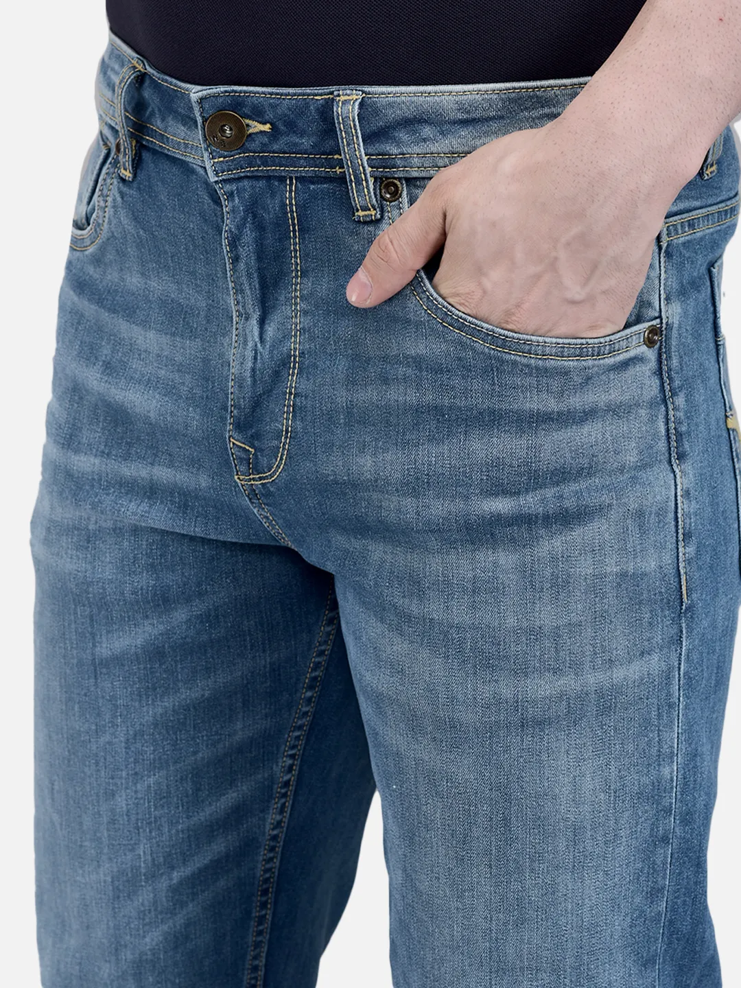 Woodland Men Blue Cotton Elastane Washed Denim Trouser 4