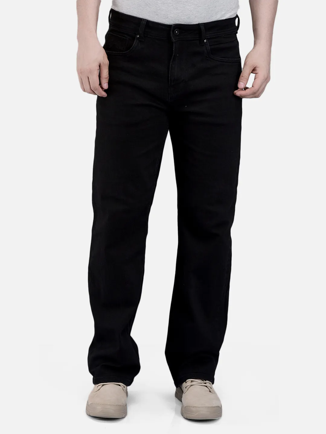 Woodland Men Plain Black Cotton Spandex  Denim Trousers