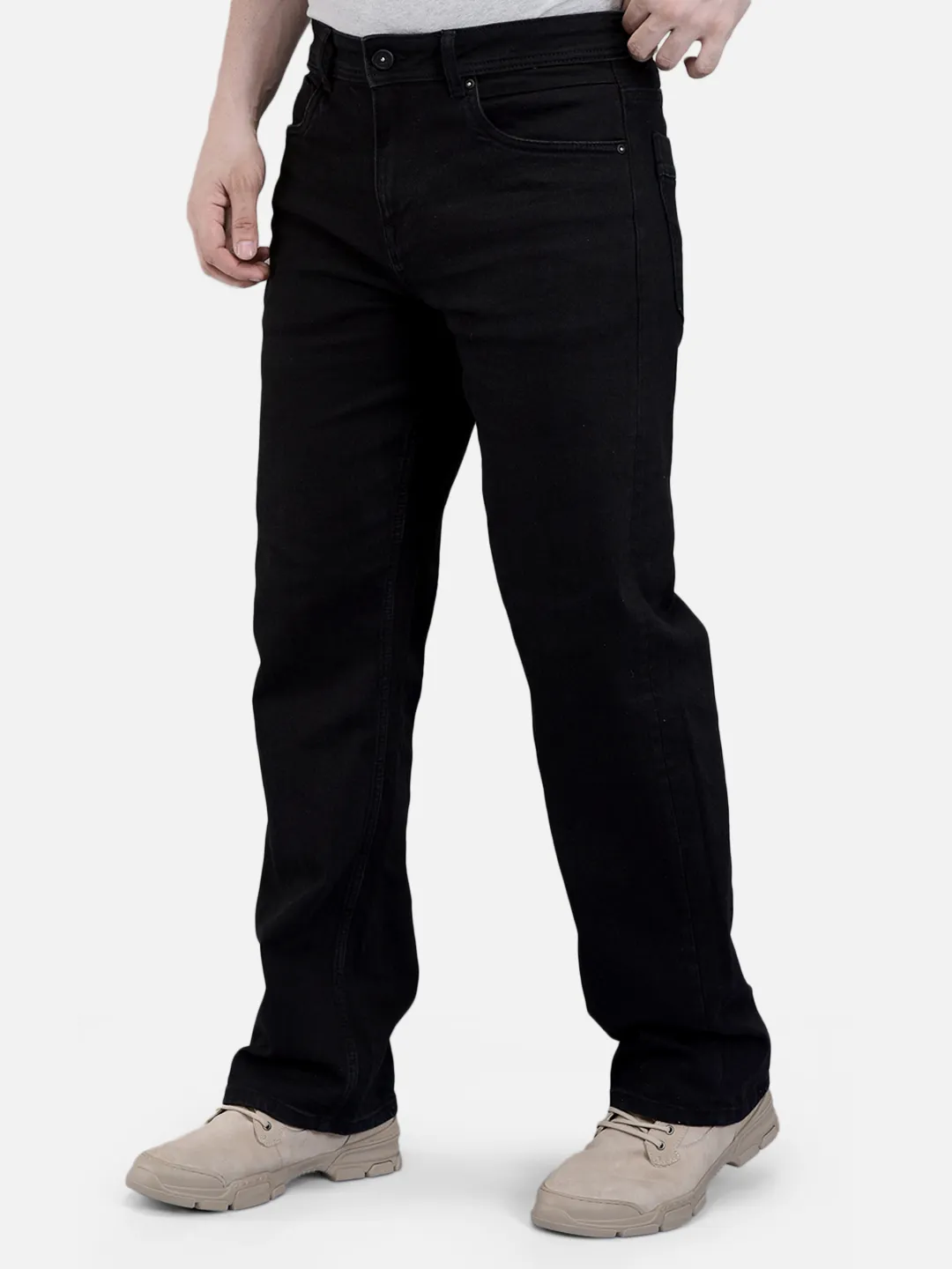 Woodland Men Plain Black Cotton Spandex  Denim Trousers 2