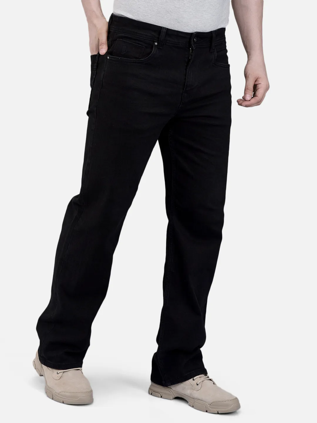 Woodland Men Plain Black Cotton Spandex  Denim Trousers 3
