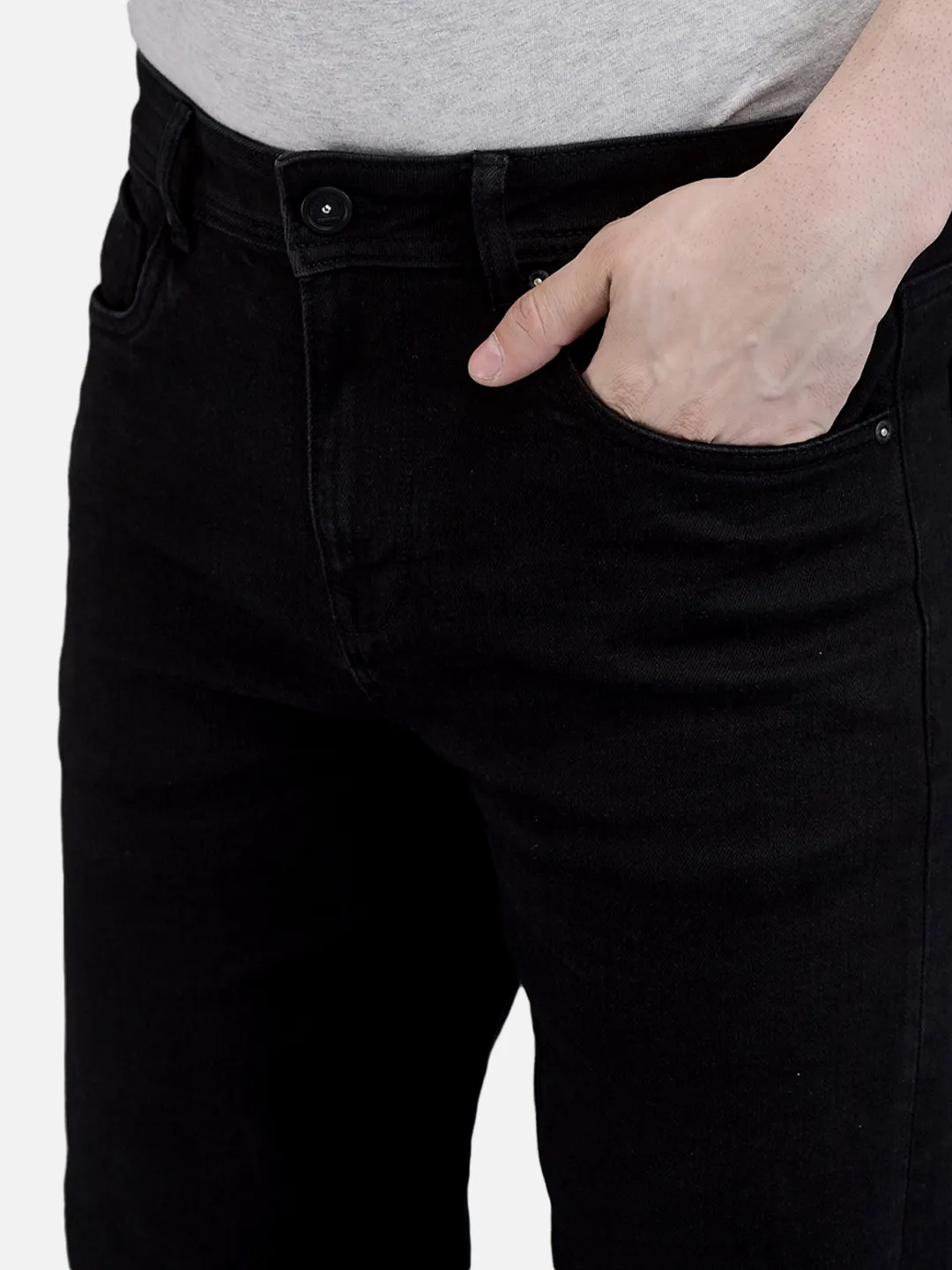 Woodland Men Plain Black Cotton Spandex  Denim Trousers 4