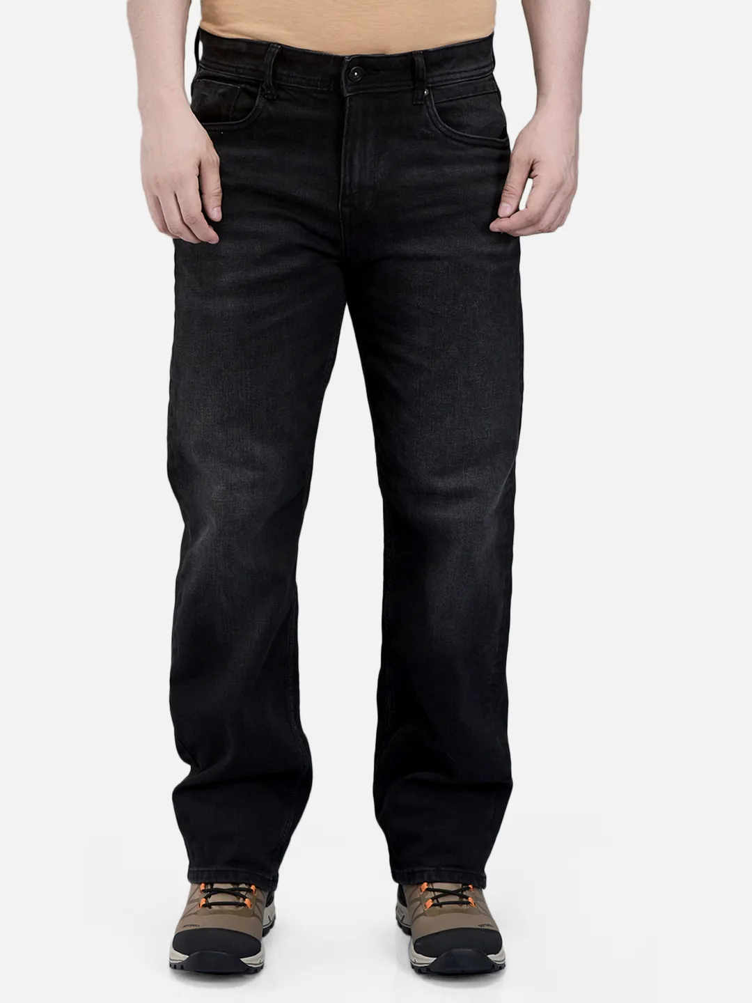 Woodland Men Washed Black Cotton Spandex  Denim Trousers
