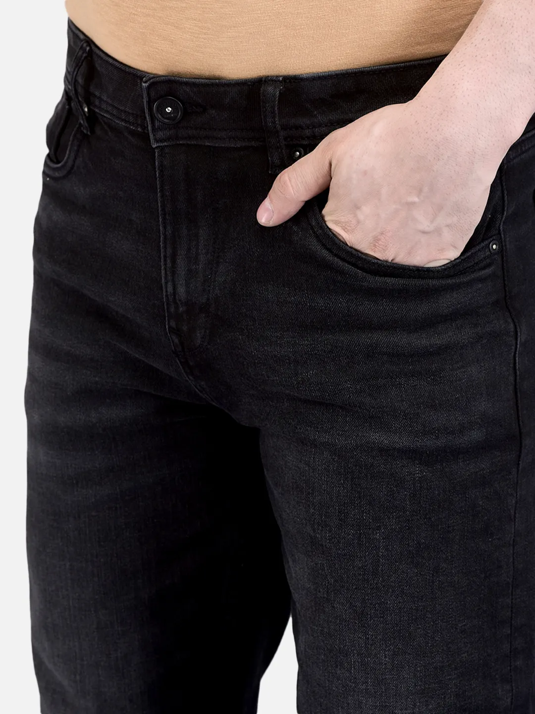Woodland Men Washed Black Cotton Spandex  Denim Trousers 4