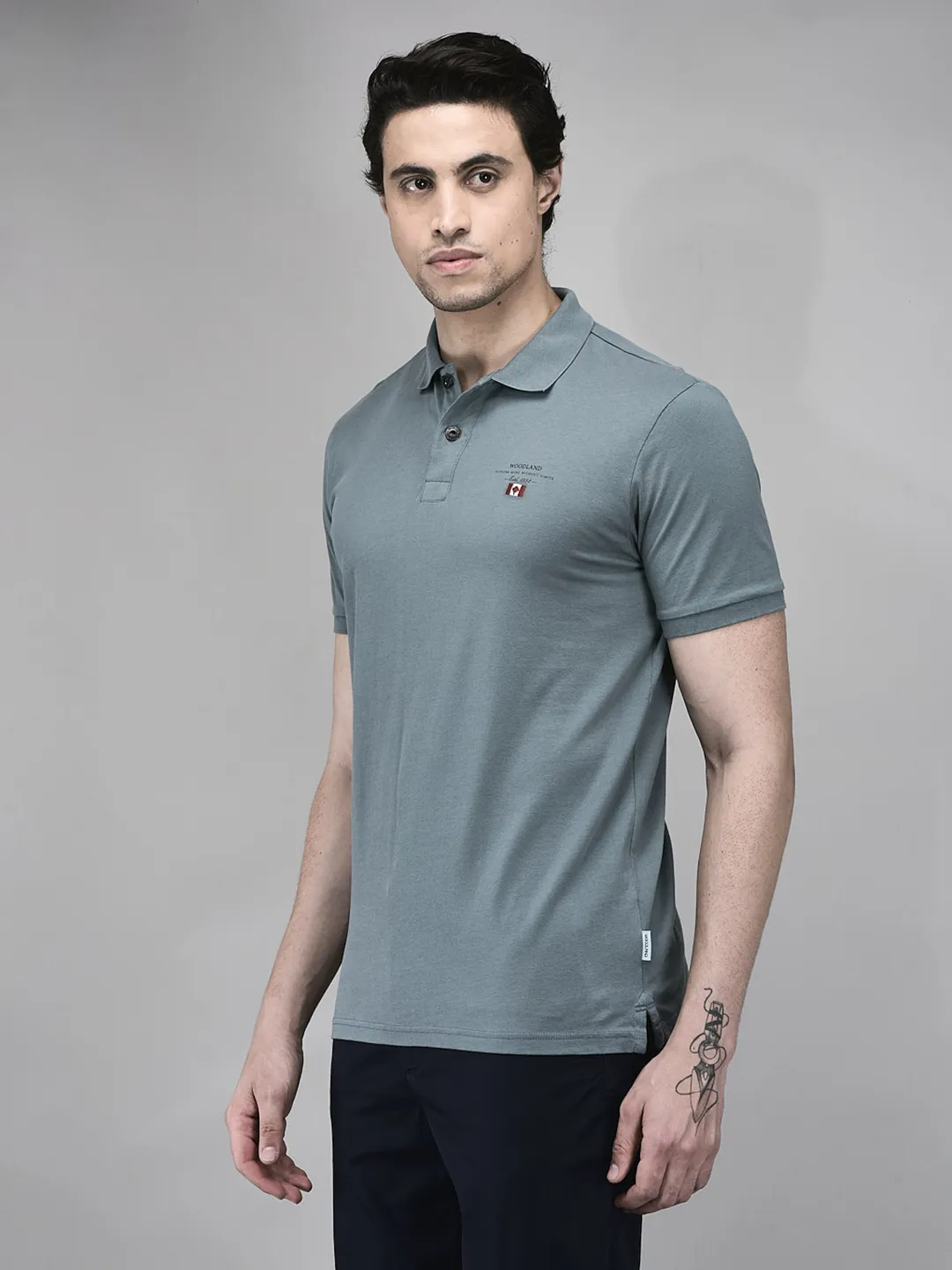 Woodland Men Grey Cotton HS Polo T-Shirt - Thumbnail 3