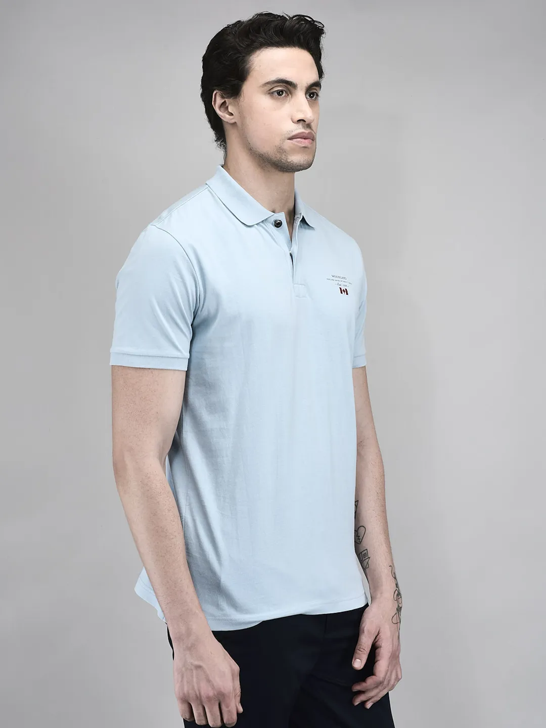 Woodland Men Sky Blue Cotton HS Polo T-Shirt - Thumbnail 2