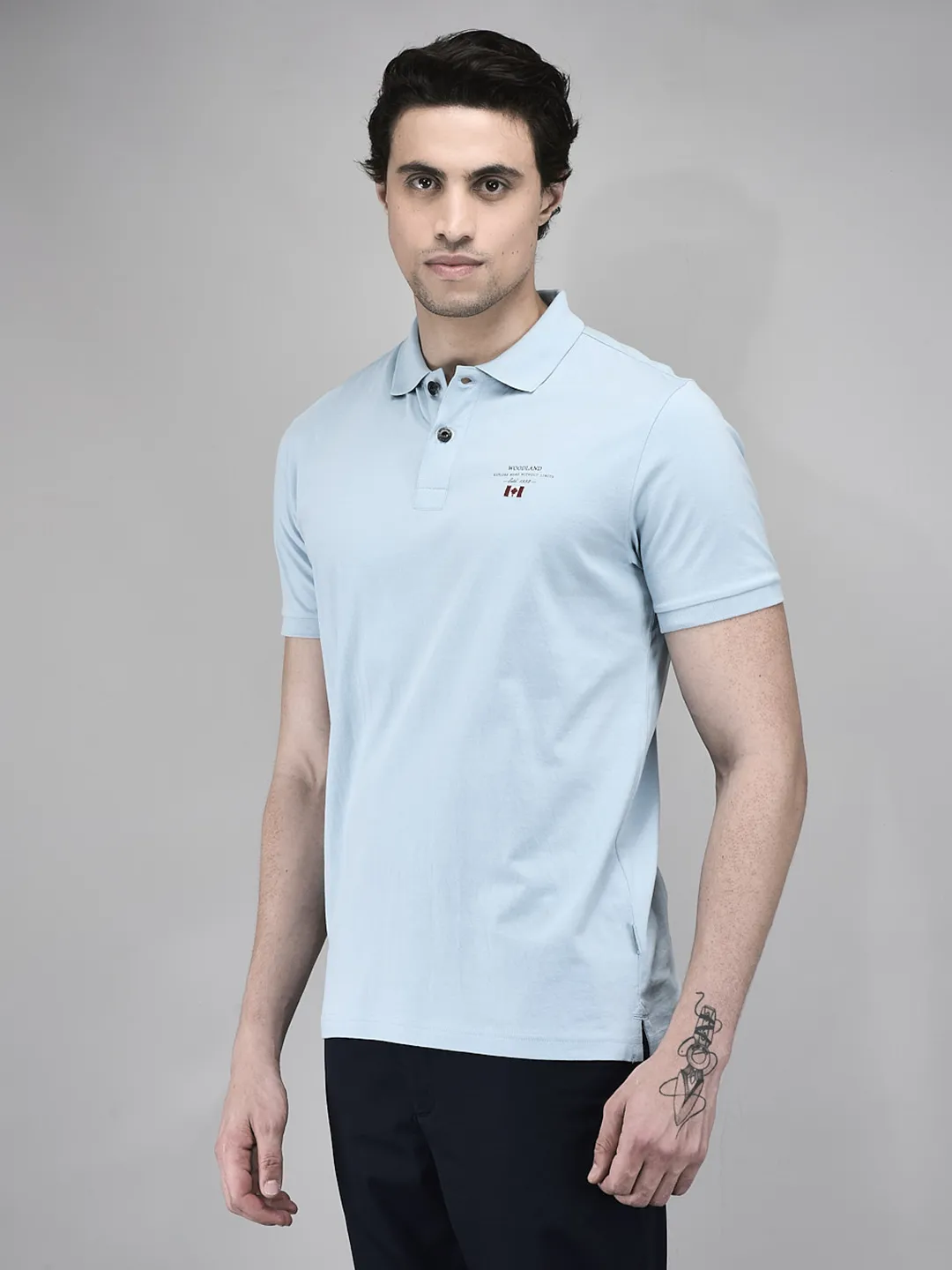 Woodland Men Sky Blue Cotton HS Polo T-Shirt - Thumbnail 3