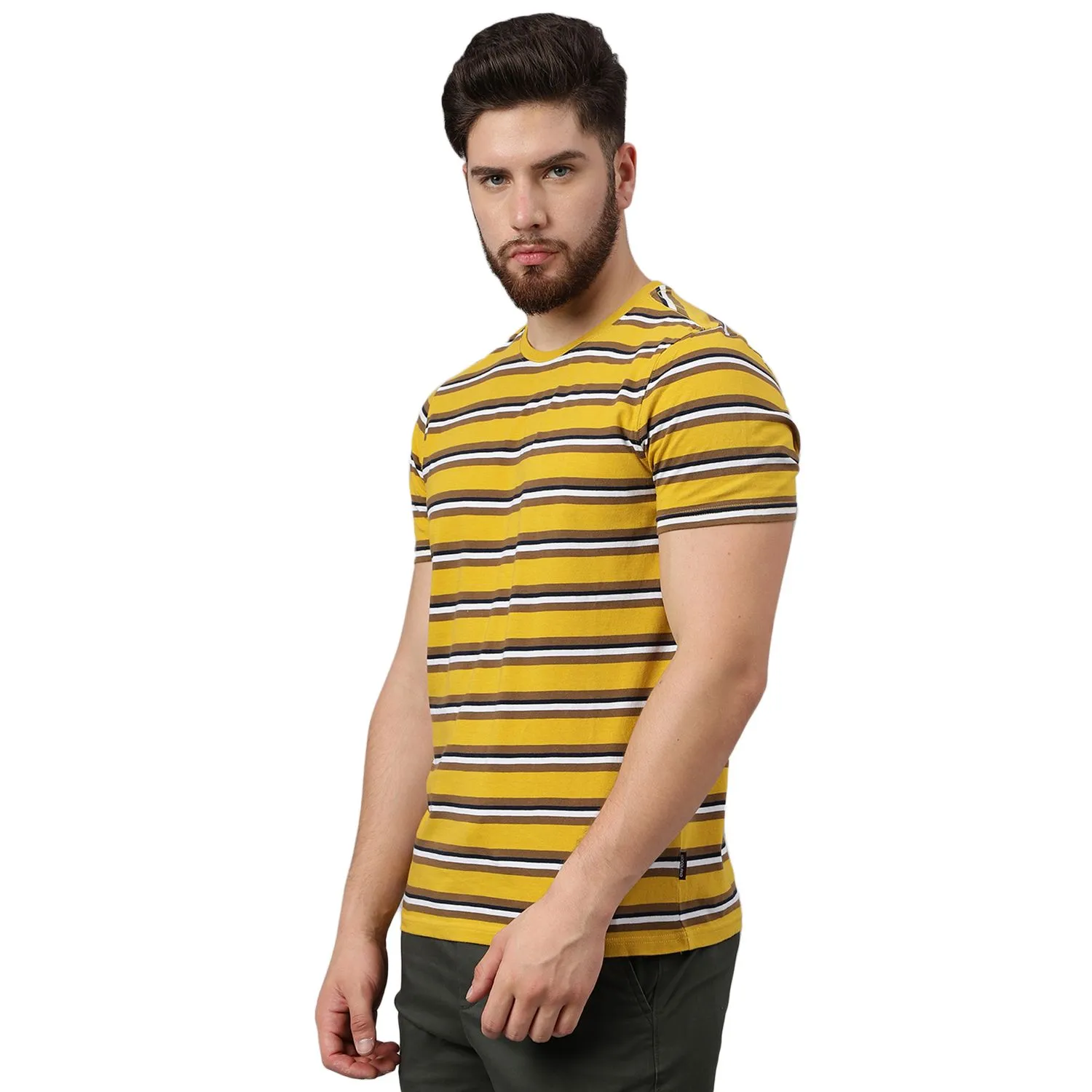 Mustard multi striped crew neck t-shirt - Thumbnail 3