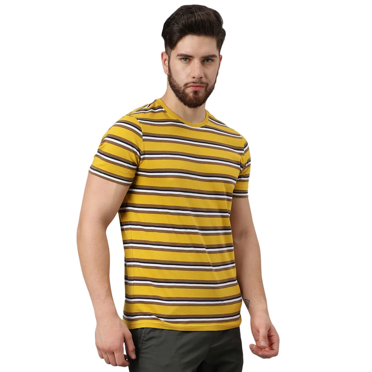 Mustard multi striped crew neck t-shirt - Thumbnail 4