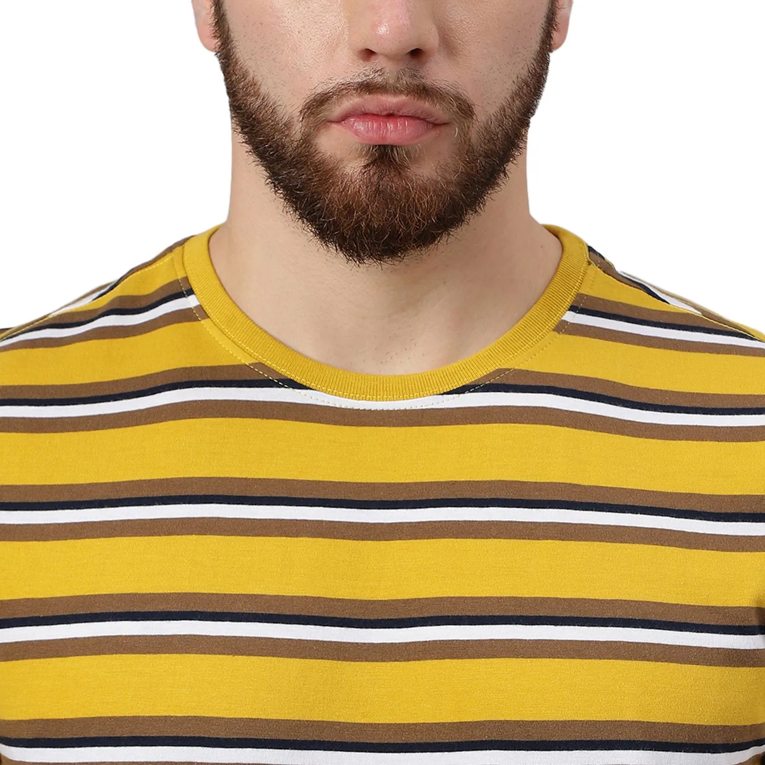 Mustard multi striped crew neck t-shirt - Thumbnail 5