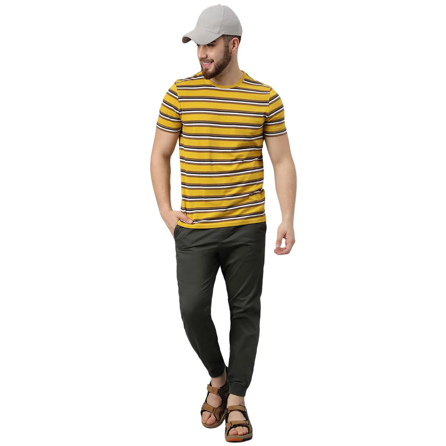 Mustard multi striped crew neck t-shirt - Thumbnail 7