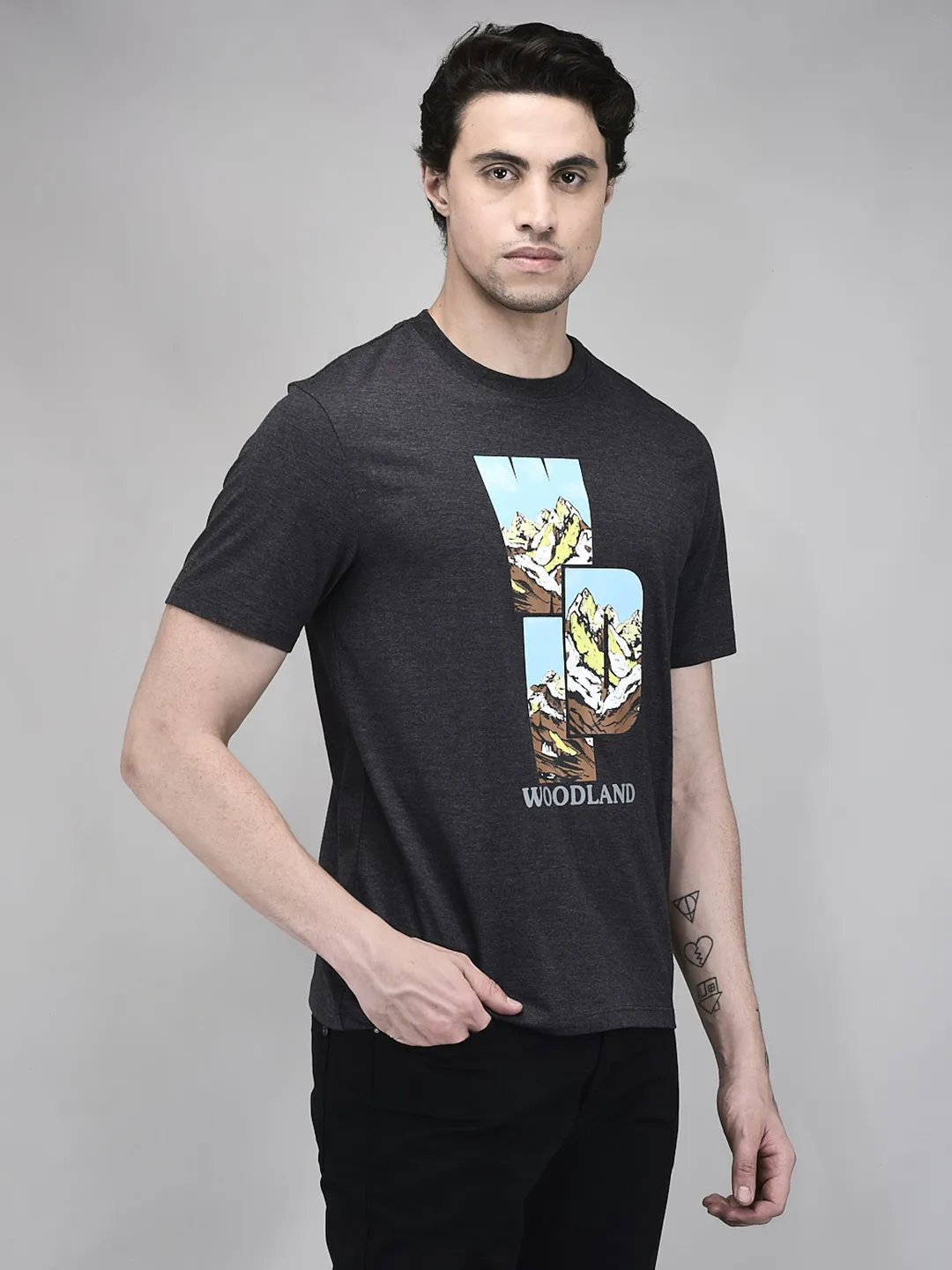 Woodland Men Charcoal Graphic Cotton Polyester T-Shirt - Thumbnail 2