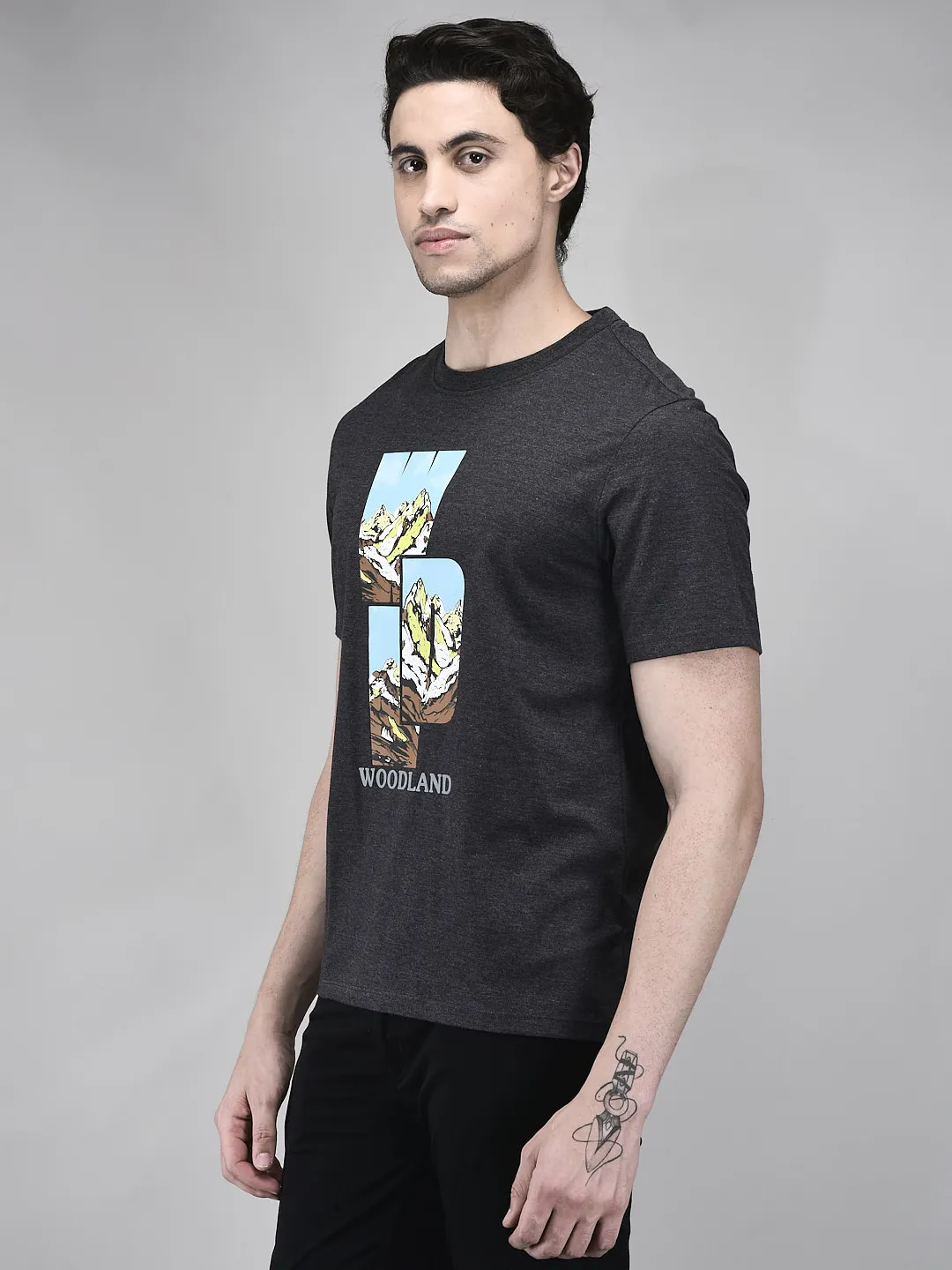 Woodland Men Charcoal Graphic Cotton Polyester T-Shirt - Thumbnail 3
