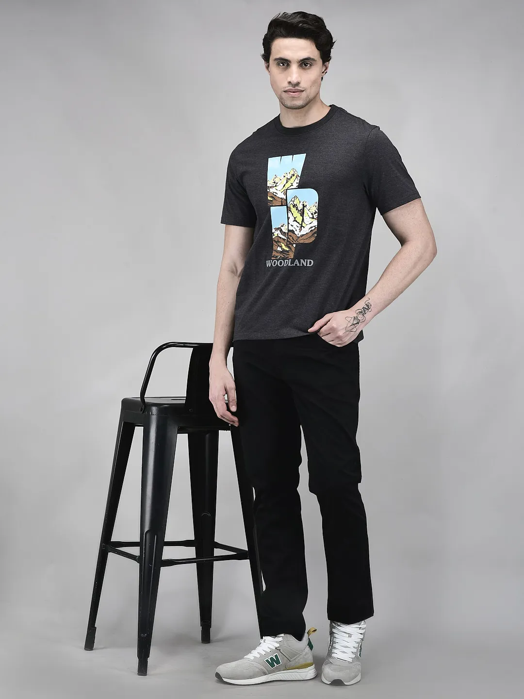 Woodland Men Charcoal Graphic Cotton Polyester T-Shirt - Thumbnail 7