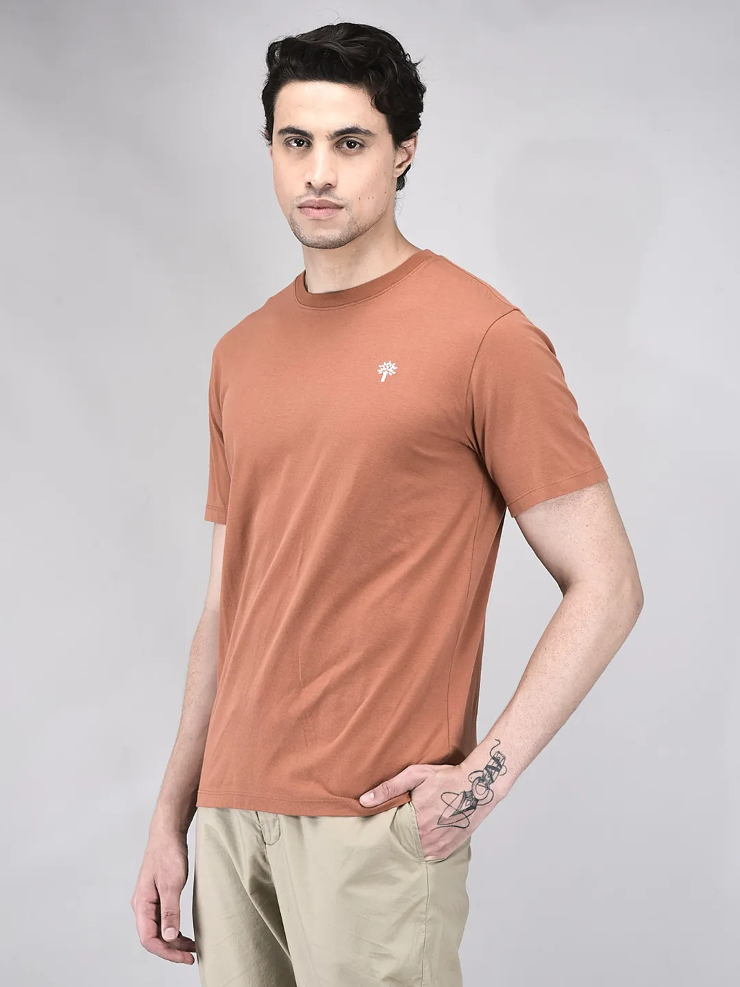 Men Rust Cotton Crew Neck T-Shirt - Thumbnail 2