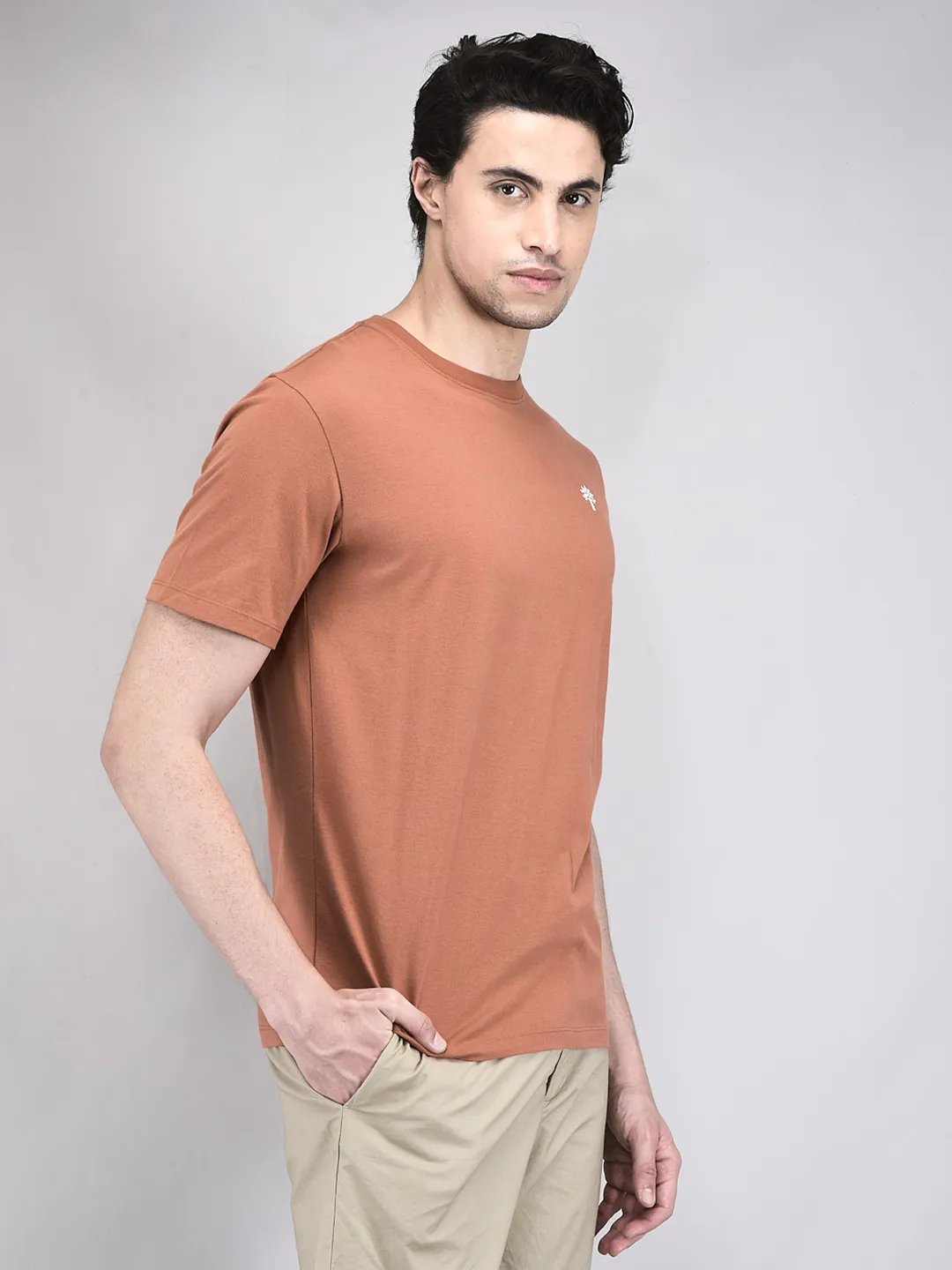Men Rust Cotton Crew Neck T-Shirt - Thumbnail 3