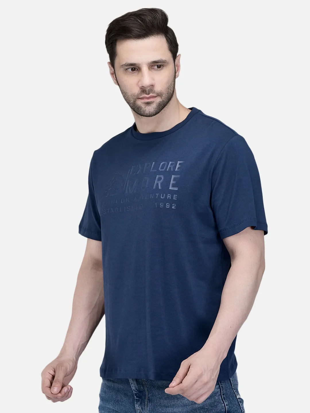 Men Blue Cotton Crew Neck Graphic T-Shirt 2