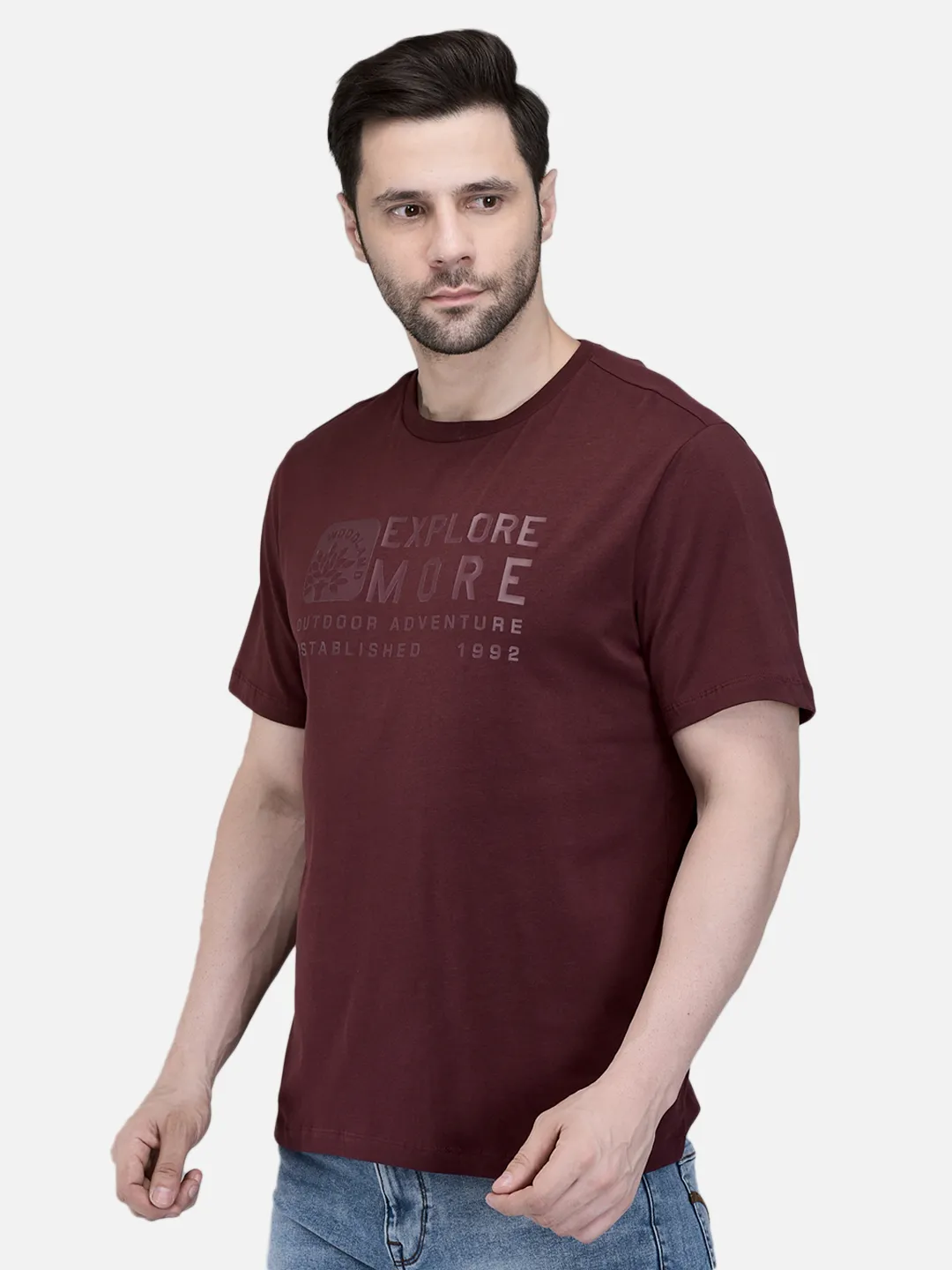 Men Wine Cotton Crew Neck Graphic T-Shirt 2