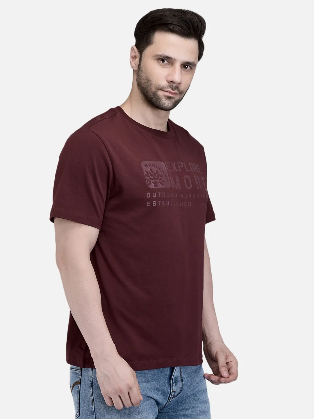 Men Wine Cotton Crew Neck Graphic T-Shirt 3