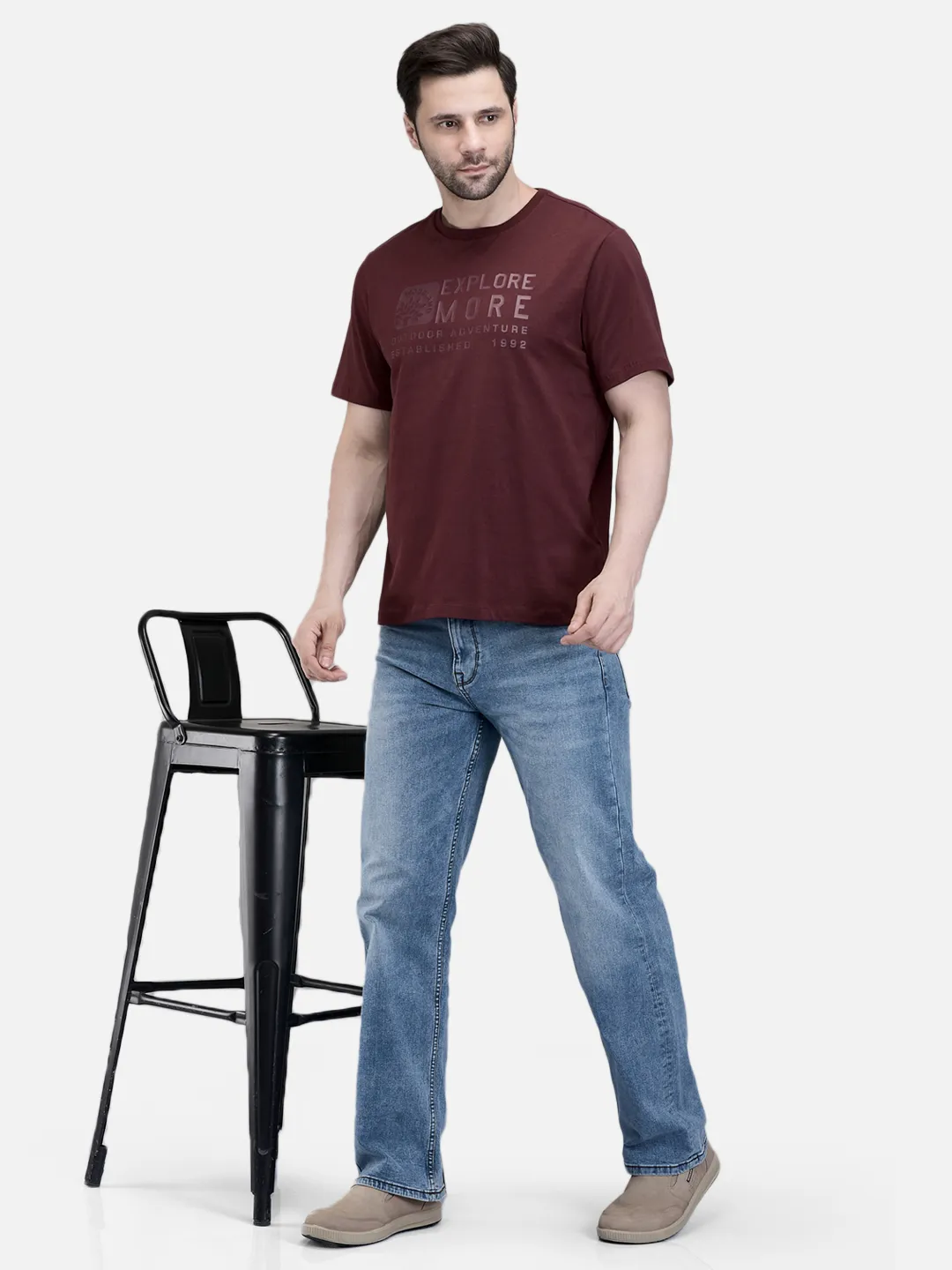 Men Wine Cotton Crew Neck Graphic T-Shirt 7