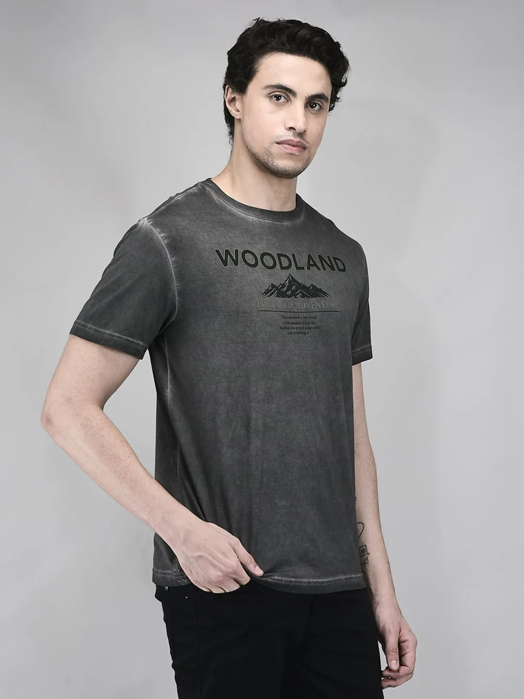 Men Charcoal Grey Printed Cotton Single Jersey Round Neck T-Shirt - Thumbnail 2