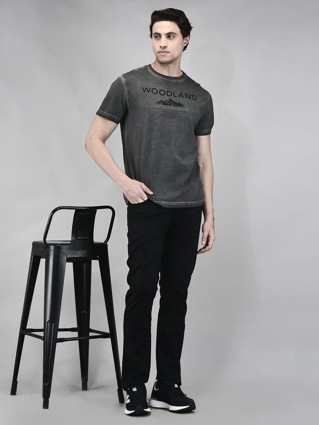 Men Charcoal Grey Printed Cotton Single Jersey Round Neck T-Shirt - Thumbnail 7