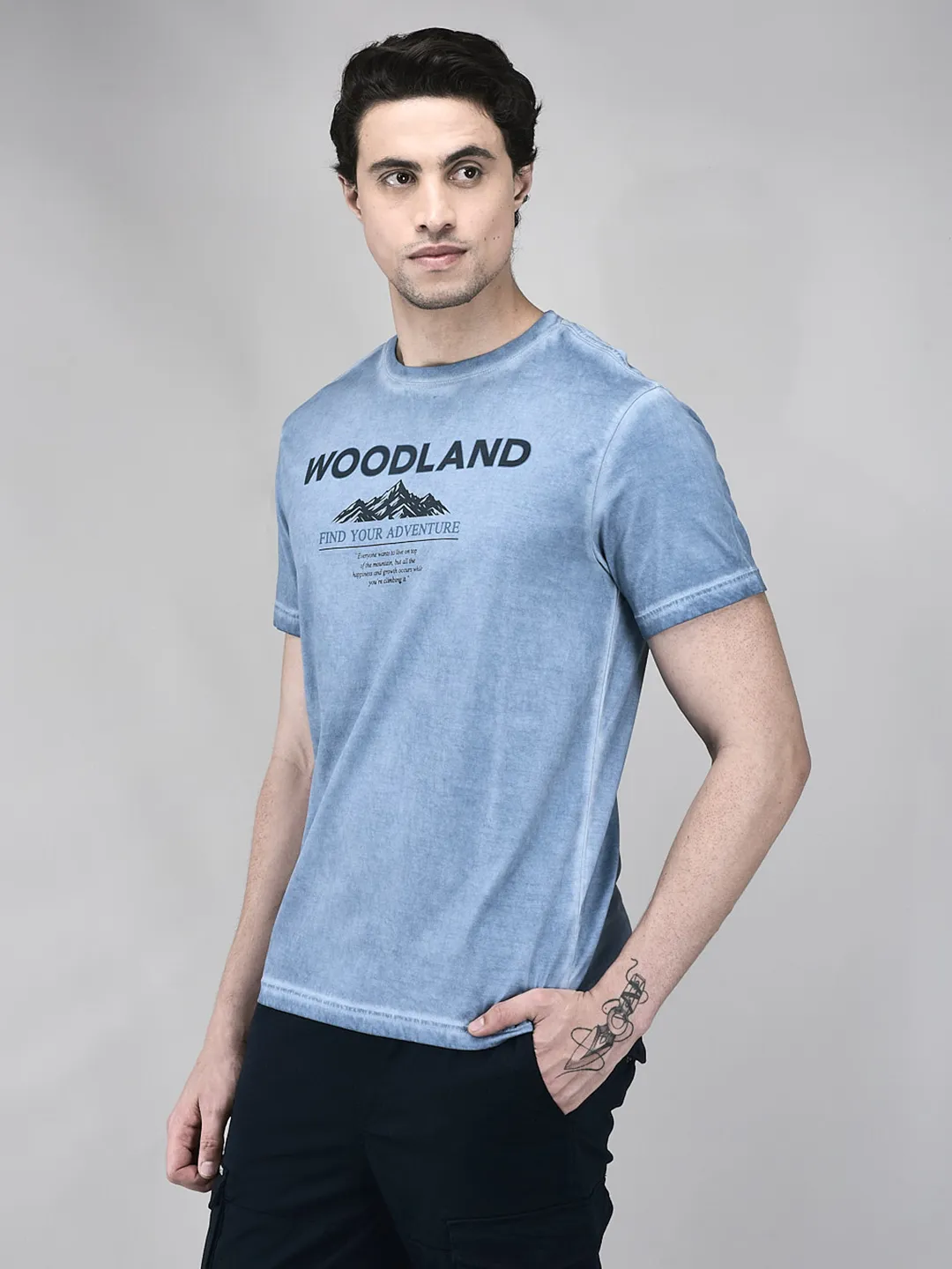 Men Sky Blue Printed Cotton Single Jersey Round Neck T-Shirt - Thumbnail 3