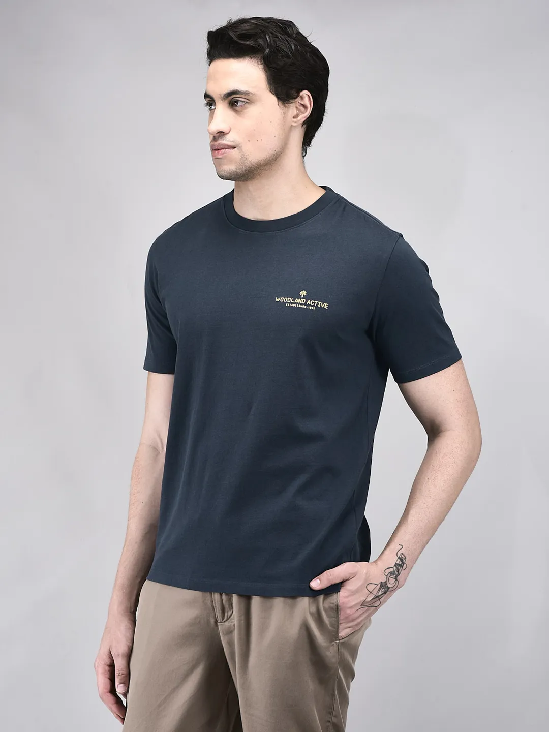 Woodland Men D-Grey Cotton Crew Neck T-Shirt - Thumbnail 2