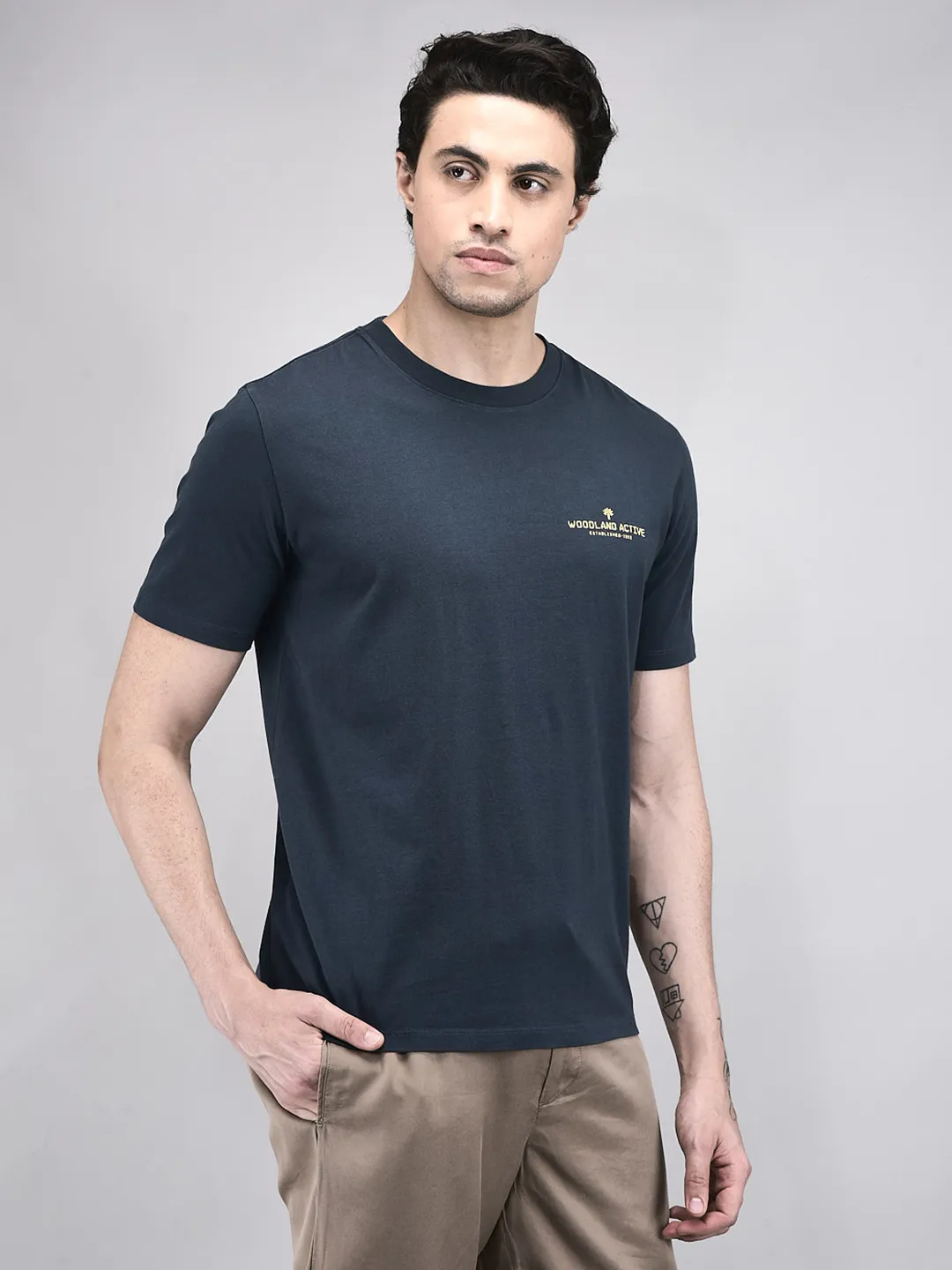 Woodland Men D-Grey Cotton Crew Neck T-Shirt - Thumbnail 3