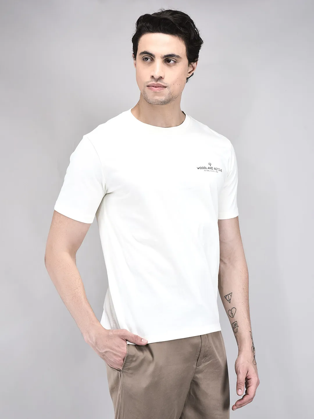 Woodland Men OWhite Cotton Crew Neck T-Shirt - Thumbnail 2