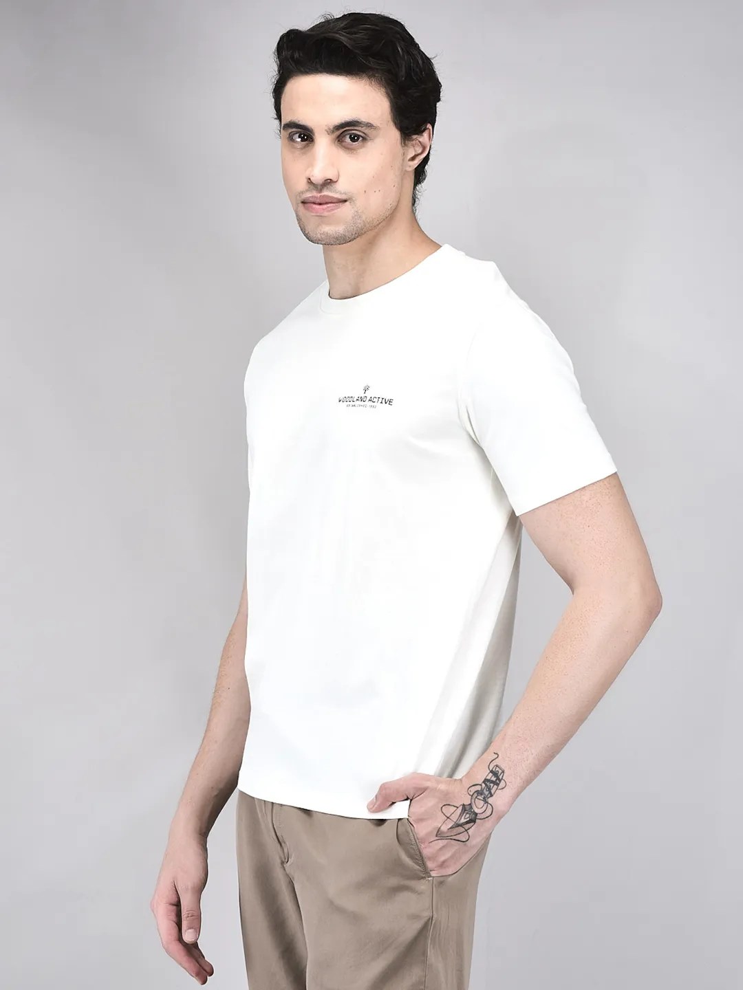 Woodland Men OWhite Cotton Crew Neck T-Shirt - Thumbnail 3