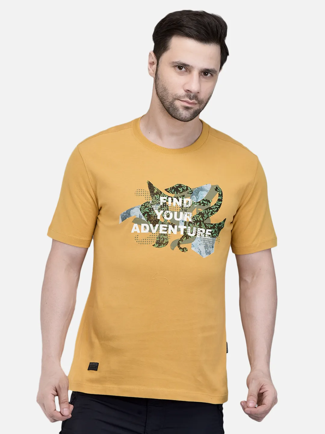 Woodland Men Mustard Printed Round Neck T-Shirt