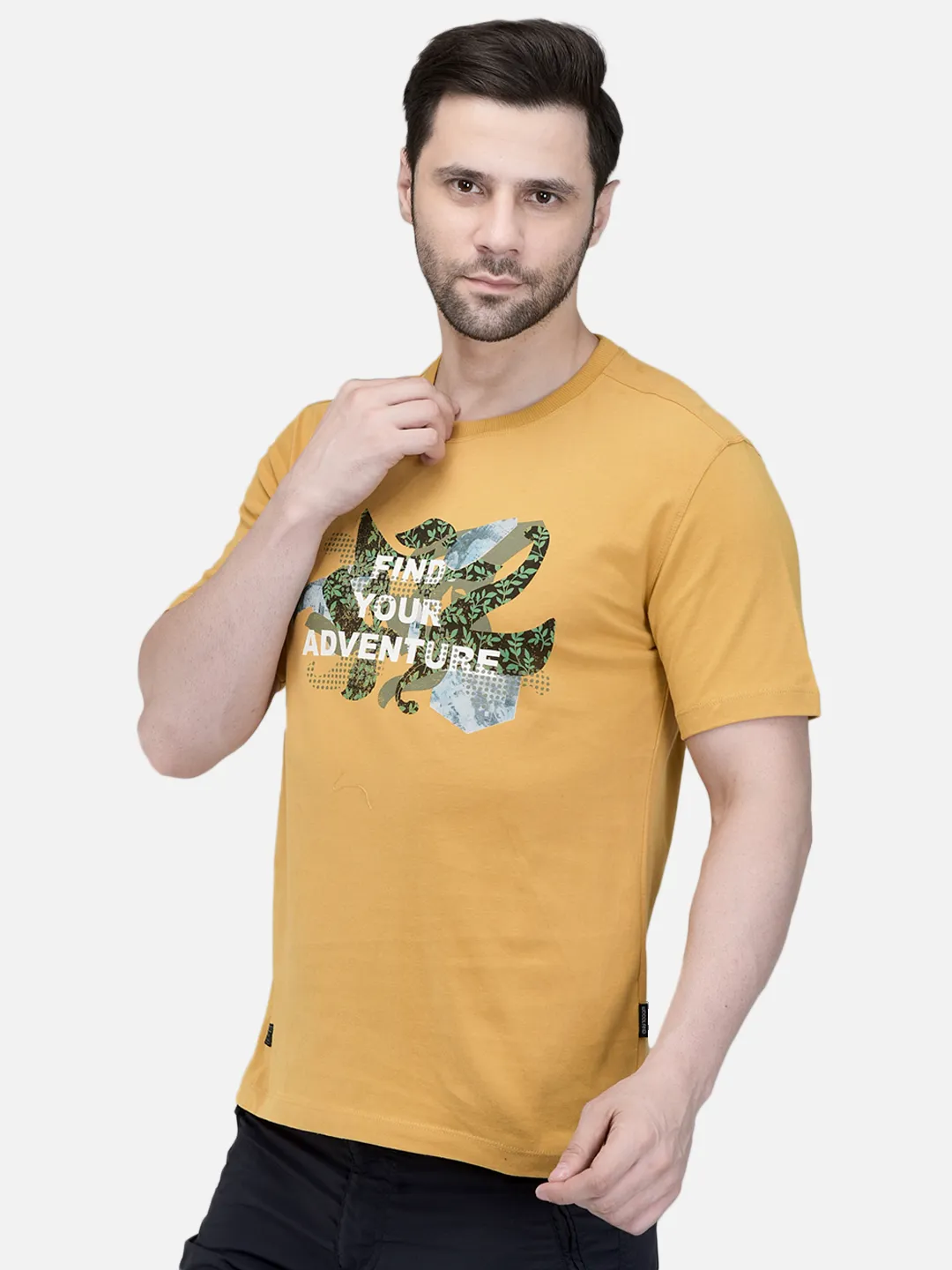 Woodland Men Mustard Printed Round Neck T-Shirt 2