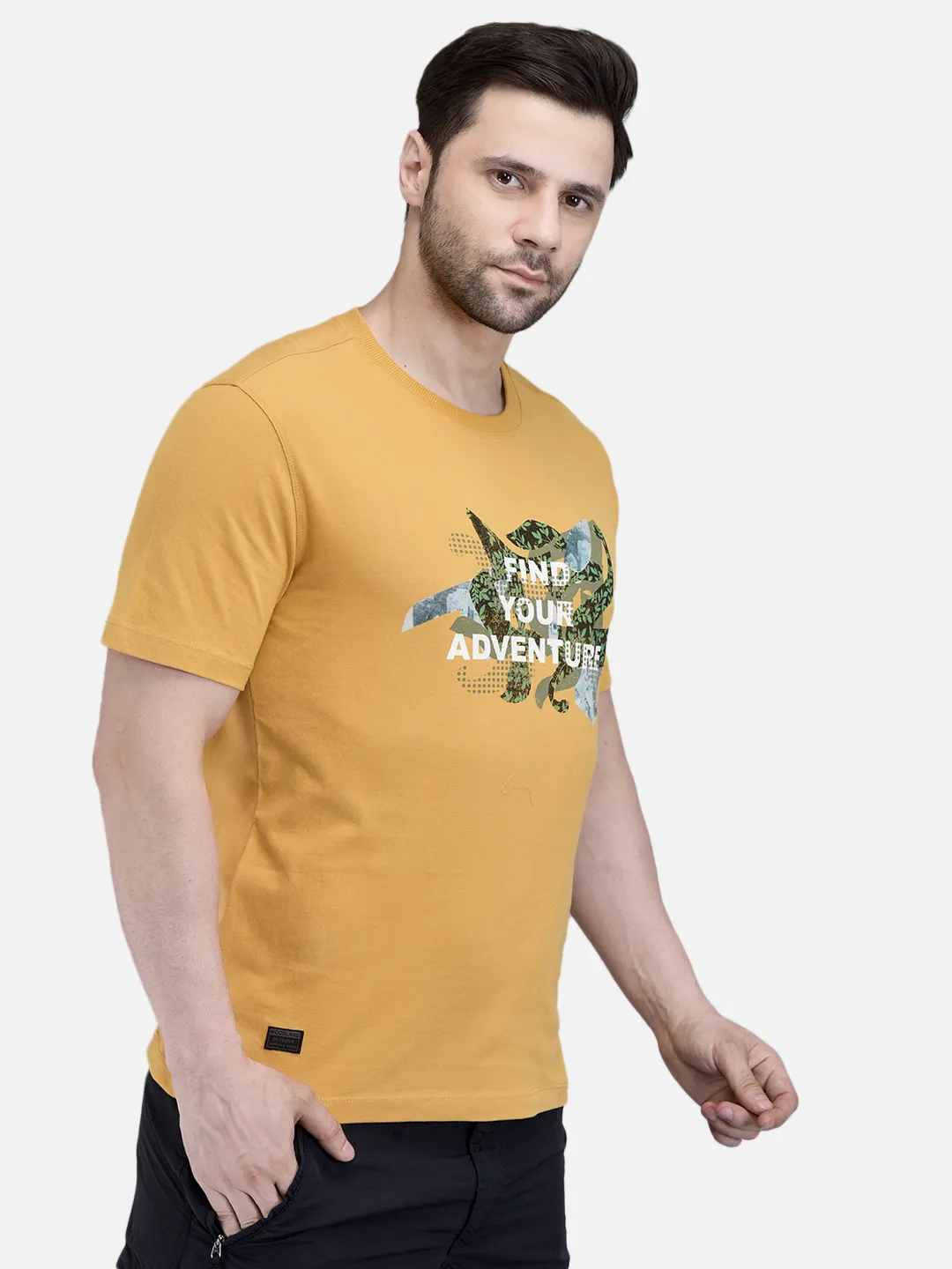 Woodland Men Mustard Printed Round Neck T-Shirt 3