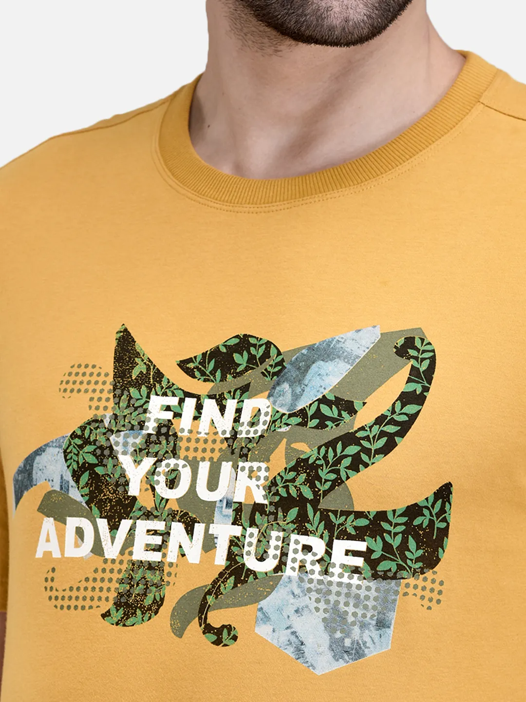 Woodland Men Mustard Printed Round Neck T-Shirt 4