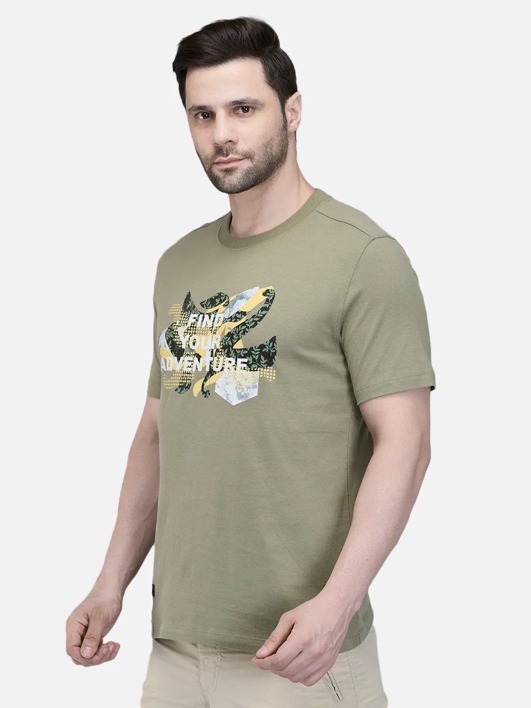 Woodland Men Olive Printed Round Neck T-Shirt 2