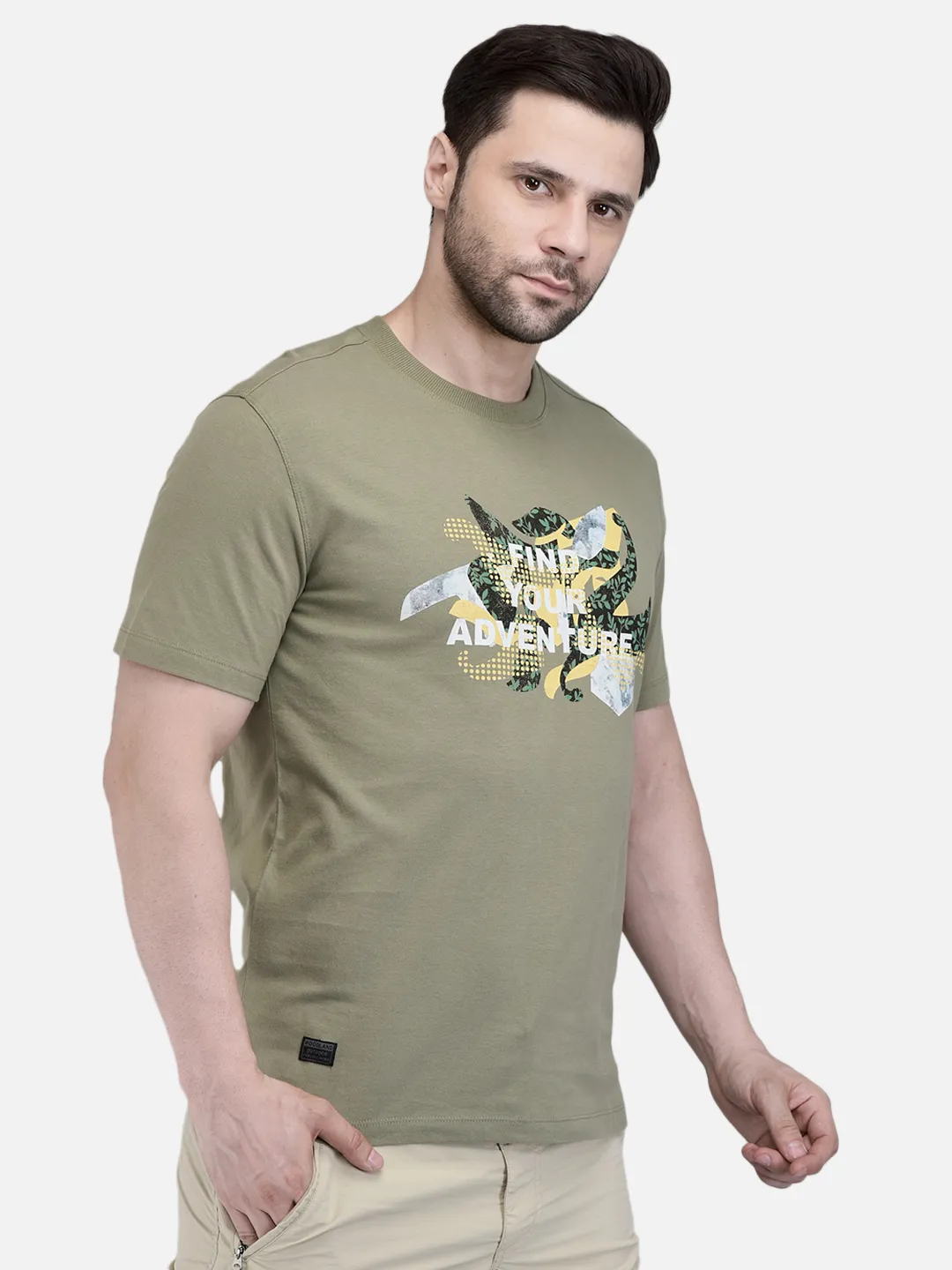 Woodland Men Olive Printed Round Neck T-Shirt 3