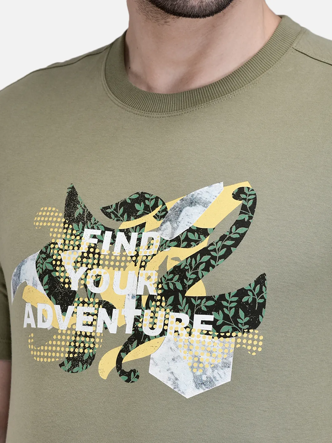 Woodland Men Olive Printed Round Neck T-Shirt 4