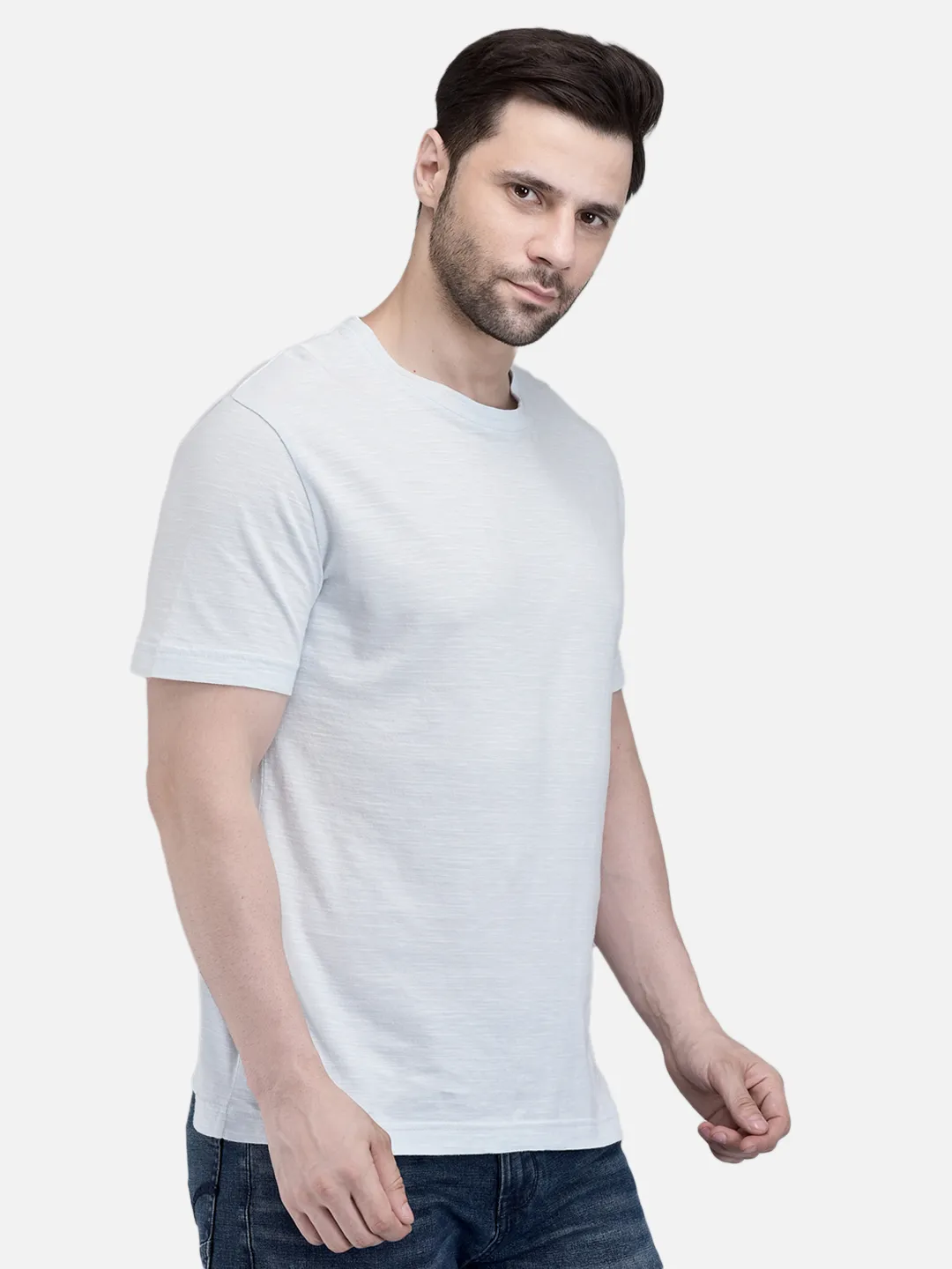 Woodland Men Sky blue Plain Cotton Round Neck Casual T-Shirt 3