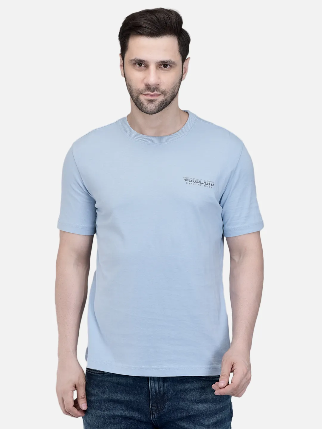 Woodland Men Sky Blue Cotton Crew Neck T-Shirt