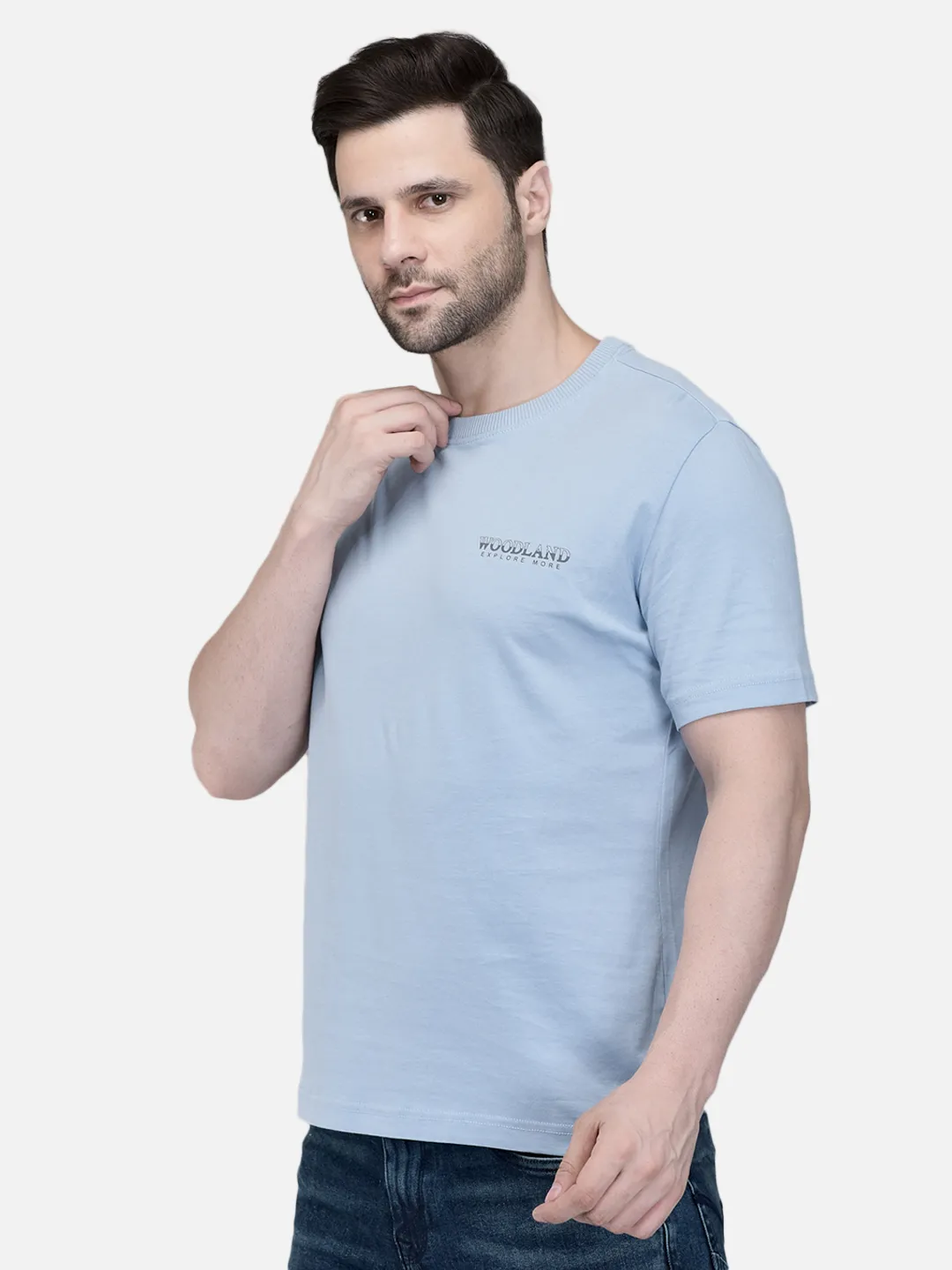Woodland Men Sky Blue Cotton Crew Neck T-Shirt 2