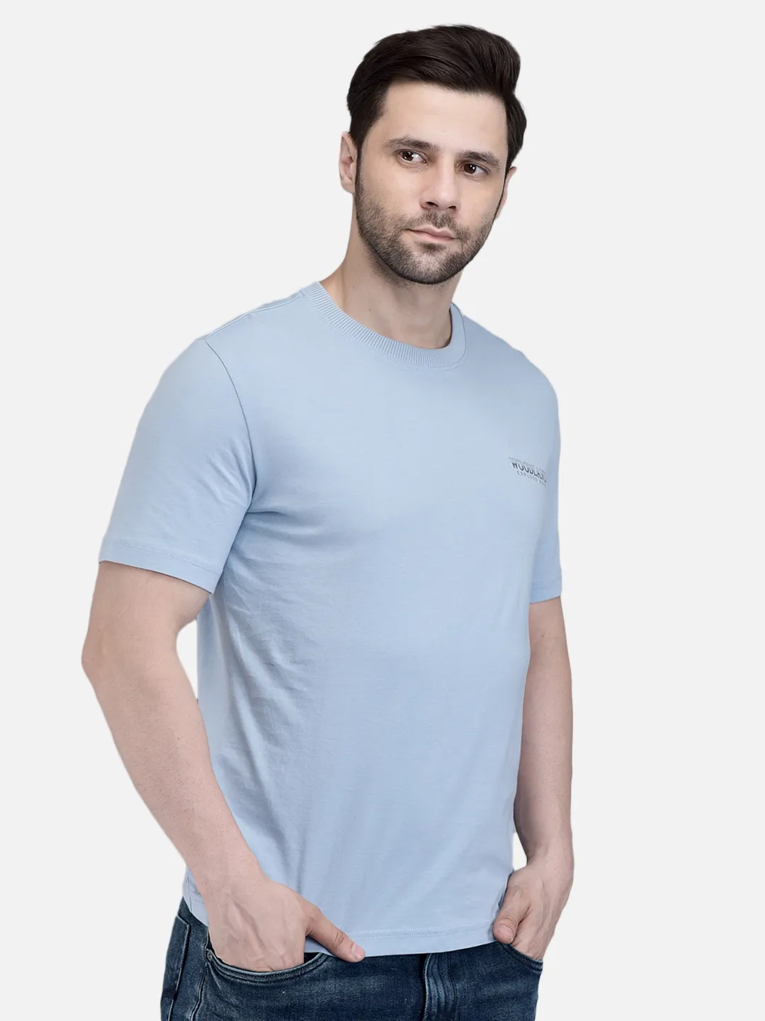 Woodland Men Sky Blue Cotton Crew Neck T-Shirt 3